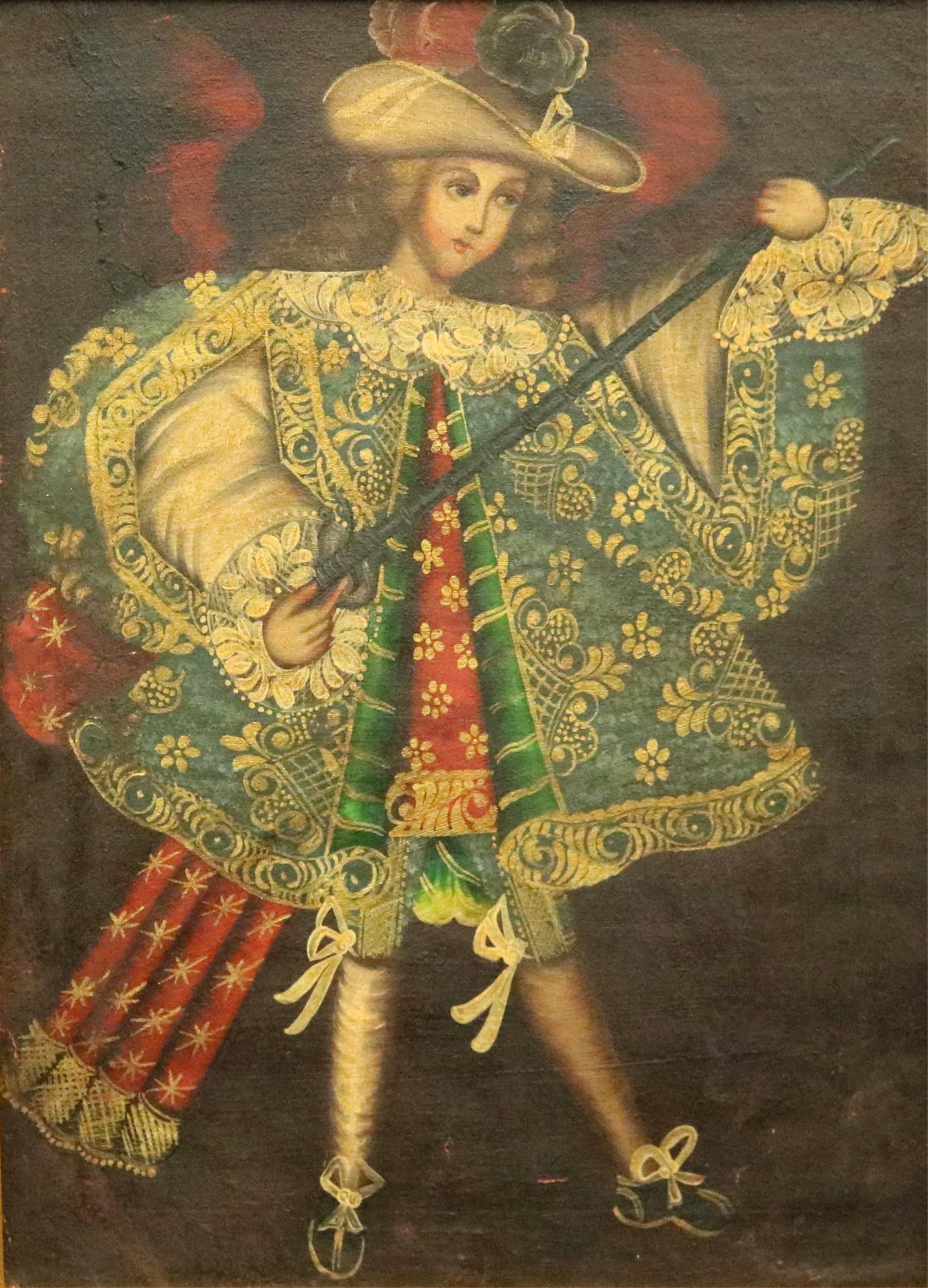 CUZCO-STYLE "ARCHANGEL IN SPLENDOR" (ANGEL ARCABUCERO) - 22 x 16 inches; frame: 26 x 20 inches.: CUZCO-STYLE "ARCHANGEL IN SPLENDOR" (ANGEL ARCABUCERO) Oil on canvas, laid down to a board. Cuzco-style School (Escuela Cusque?a) painting of an archangel ? most likely one of the ?ngeles Arcabuceros 