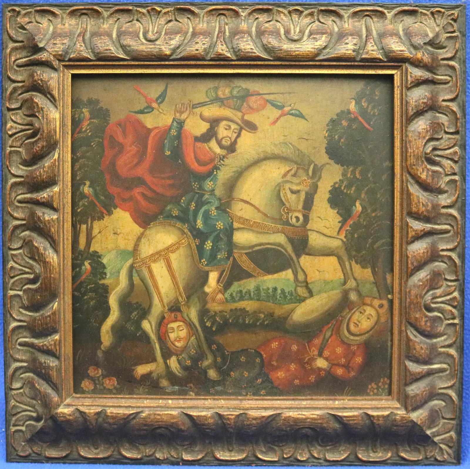 CUSCO-STYLE OIL-ON-COPPER PAINTING OF SAINT JAMES THE MOOR-SLAYER - 10.5 x 10.5 inches; frame: 12.5 (1 of 16)