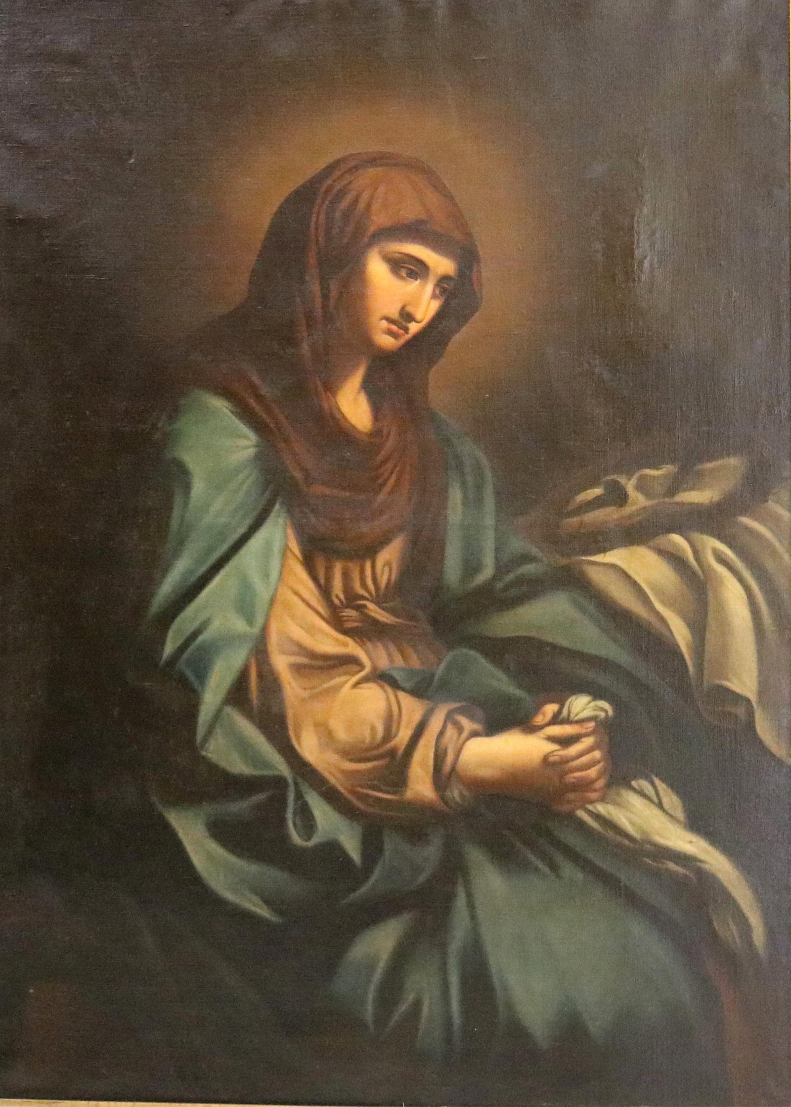 ITALIAN OIL PAINTING DEPICTING THE MATER DOLOROSA OR VIRGIN OF SORROWS 19th century or earlier -: ITALIAN OIL PAINTING DEPICTING THE MATER DOLOROSA OR VIRGIN OF SORROWS 19th century or earlier Unsigned. Oil-on-canvas portrait of the Virgin Mary; the composition is deeply influenced by Italian Baro