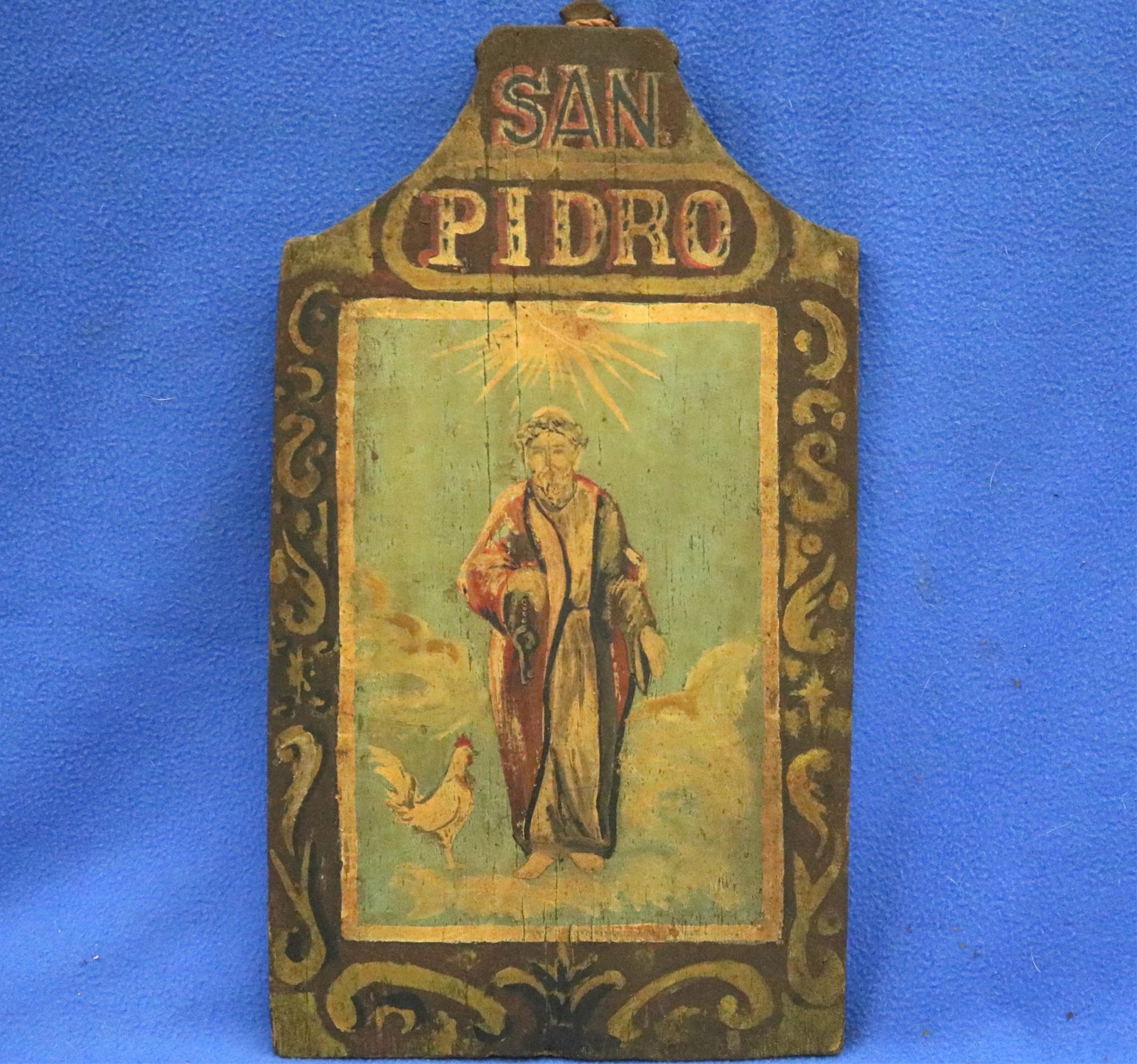 PAINTED WOODEN RETABLO DEPICTING SAINT PETER (SAN PEDRO) - 15.5 X 8.5 inches. (1 of 11)