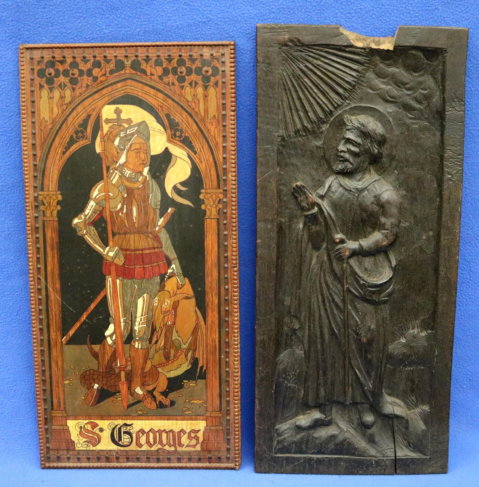 PAIR OF WOODEN PLAQUES: SAINT GEORGE AND SAINT JAMES THE GREATER - (approx) 19.5 x 9 inches. (1 of 14)