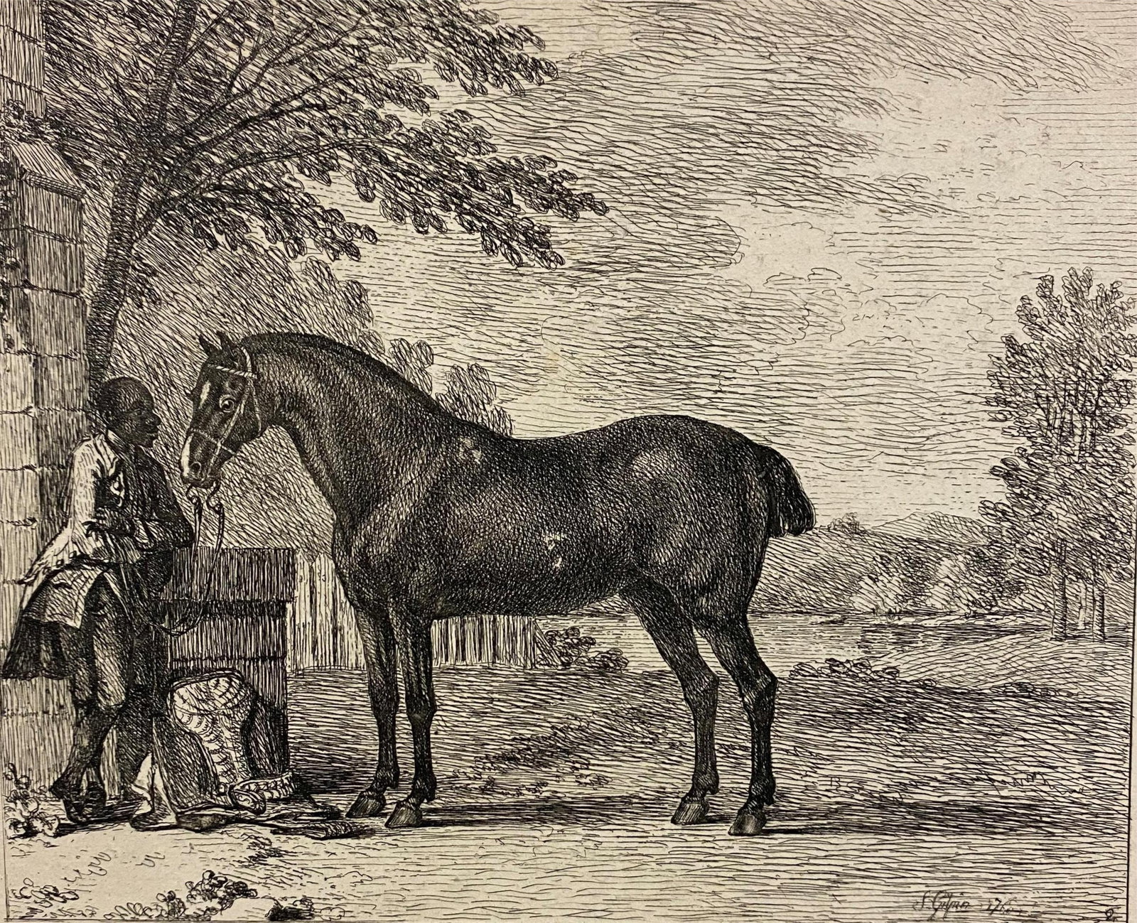 "The Pad" by Sawrey Gilpin (English, 1733?1807), circa 1760 - DIMENSIONS: Plate: 6 x 7 inches;: "The Pad" by Sawrey Gilpin (English, 1733?1807), circa 1760 Unframed etching of a horse in parkland held by a black servant who stands on the left. Created around 1760, "The Pad" is a significant earl