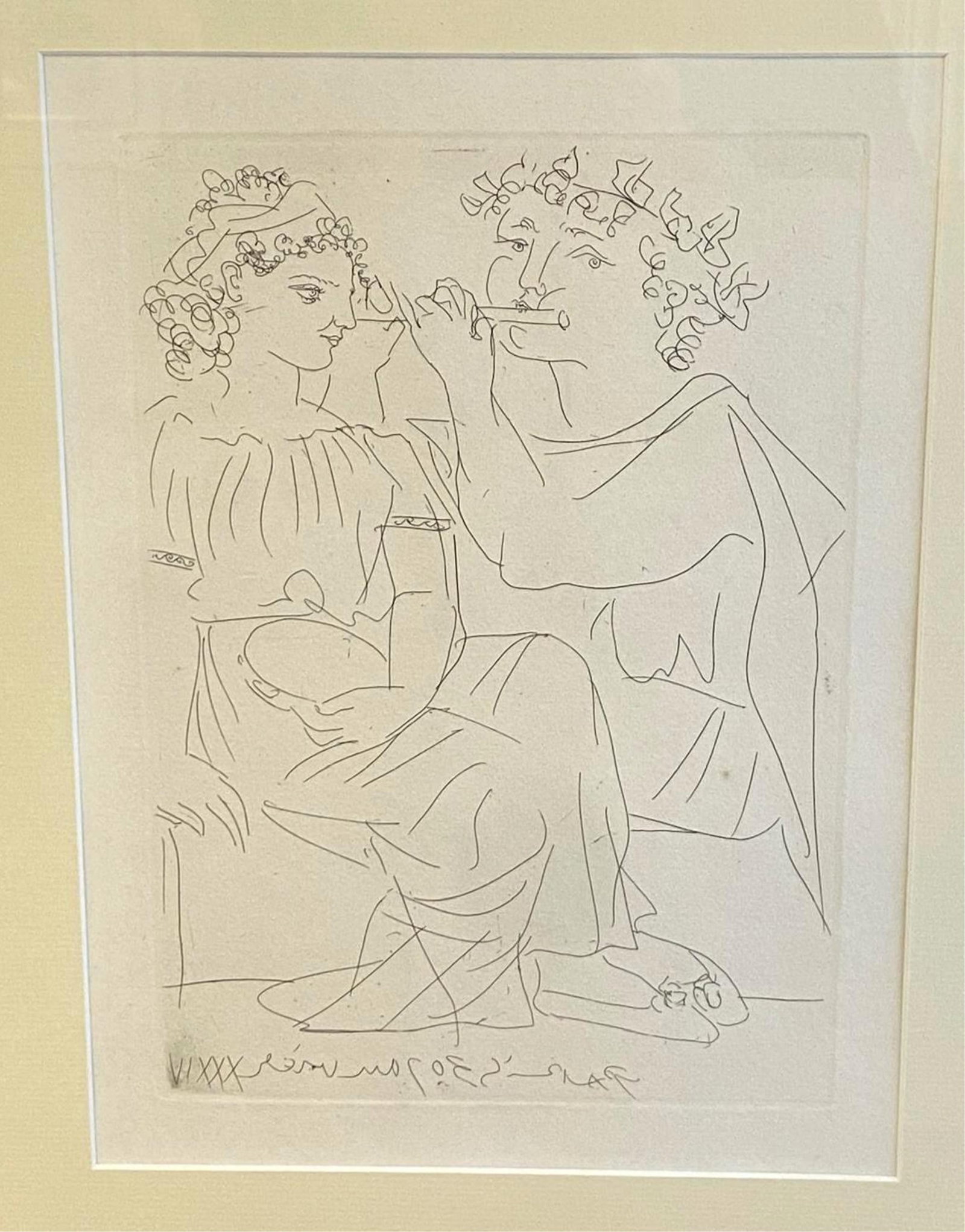 PABLO PICASSO (Spanish, 1881 - 1973). Flutist and Young Woman with Tambourine (Fl?tiste et jeune: PABLO PICASSO Spanish, 1881 - 1973 Flutist and Young Woman with Tambourine (Fl?tiste et jeune fille au tambourin) from the Vollard Suite (Suite Vollard), 1934 Etching Unsigned etching from Picasso's V