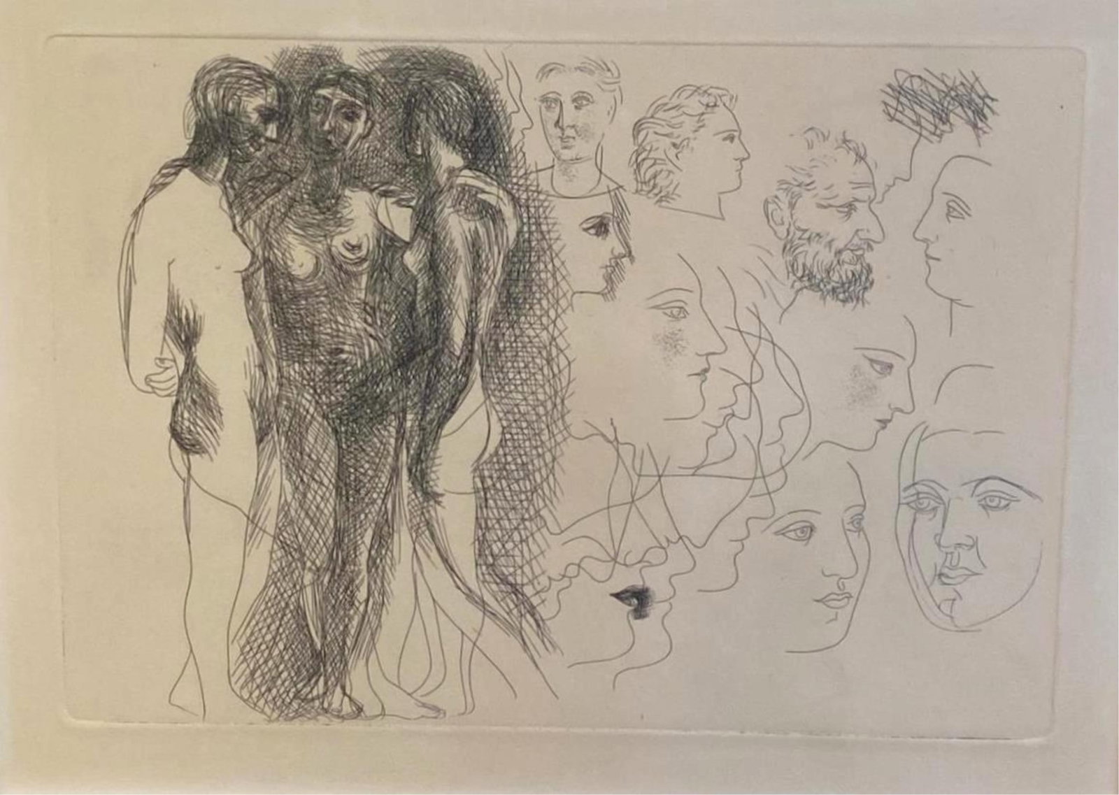PABLO PICASSO (Spanish, 20th century). Trois nus debout, ? droite esquisses de visages (from the Le: PABLO PICASSO Spanish, 20th century Trois nus debout, ? droite esquisses de visages (from the Le chef-d'oeuvre inconnu series) Etching on copper in black on ivory wove paper Unsigned etching first dat