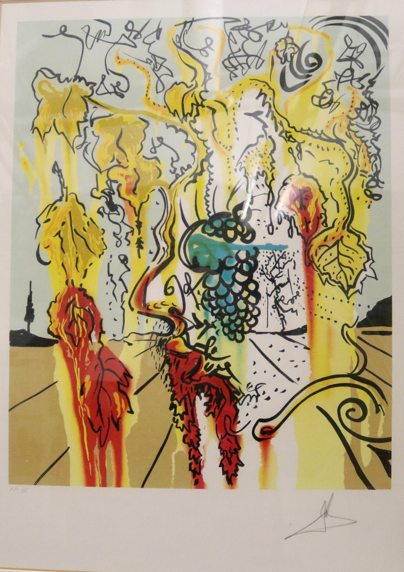 SALVADOR DALI (Spanish,). Portrait of Autumn, 1980, lithograph, Plate: 22.25 x 18 inches; Sight (as: SALVADOR DALI Spanish Portrait of Autumn, 1980 lithograph Numbered as a "Printer Proof" numbered 1 of 5. A color lithograph by Salvador Dal? depicting a fantastical vineyard scene with blazing crimson