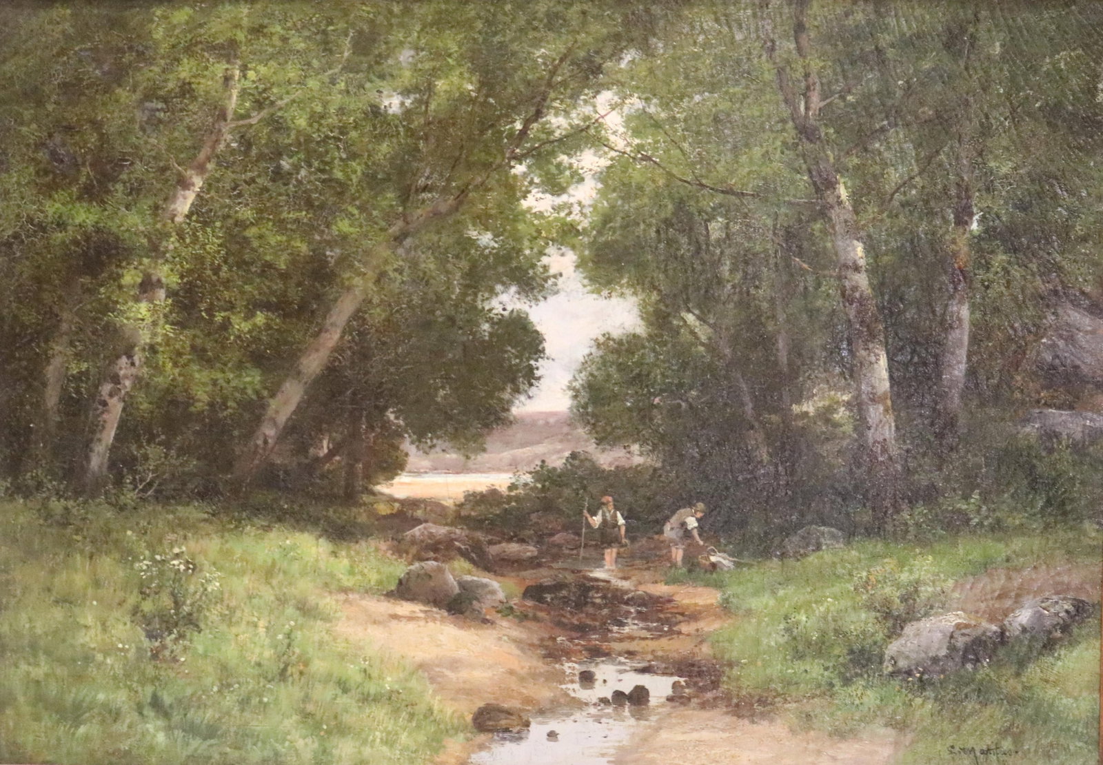 LOUIS REMY MATIFAS, (French 1847 ? 1896). Children at the Forest Stream, Oil on canvas, 43 X 32: LOUIS REMY MATIFAS French, 1847 ? 1896 Children at the Forest Stream Oil on canvas Signed lower right. Landscape painting of two young figures playing along a rocky, shallow stream that winds through 