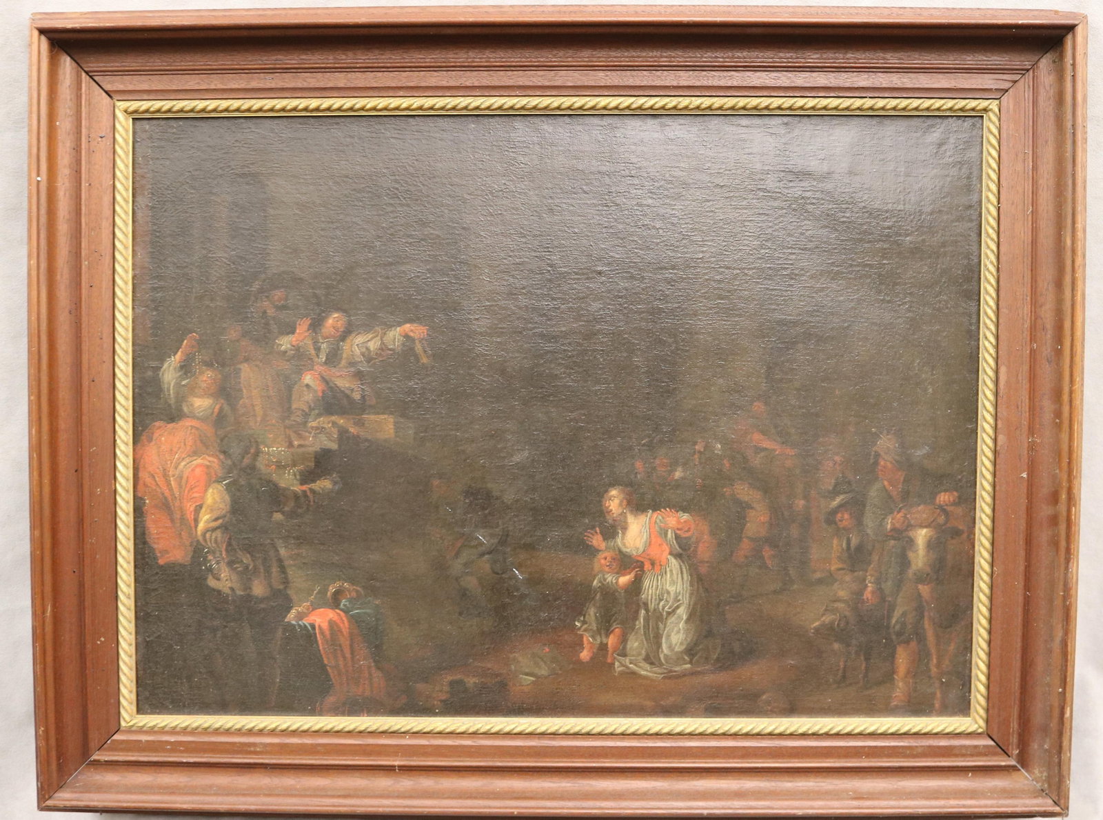 CONTINENTAL SCHOOL (18th / 19th century). The Chaos of the Crowd, Oil on canvas., 20 x 28 inches;: CONTINENTAL SCHOOL 18th / 19th century The Chaos of the Crowd Oil on canvas. A frightened woman clutches her small child amid a surging, turbulent crowd of figures in dramatic motion. The dark, shadow
