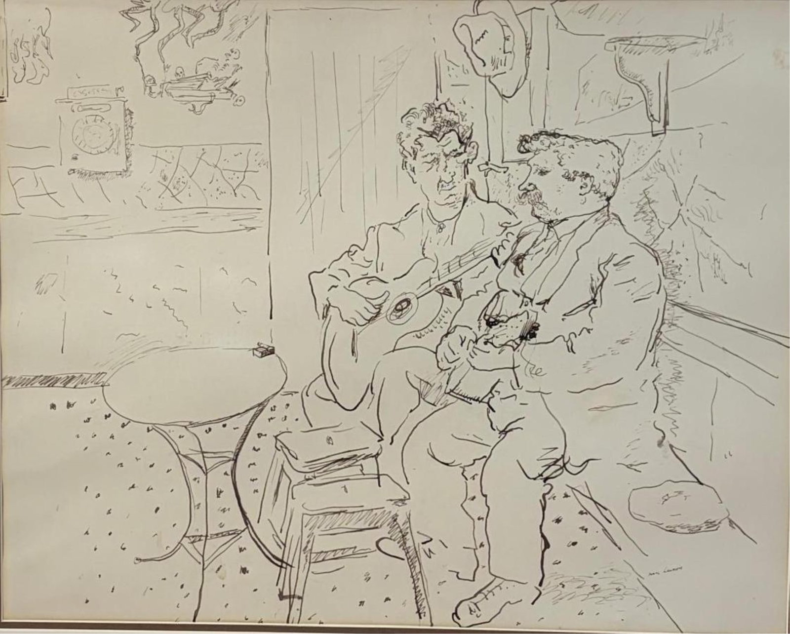 JEAN LAUNOIS (French, 1898-1942). "Deux Musiciens dans un Caf?" (Two Musicians in a Caf?), Ink on: JEAN LAUNOIS French, 1898-1942 "Deux Musiciens dans un Caf?" (Two Musicians in a Caf?) Ink on paper Signed lower right hand corner. Early 20th century Ink drawing depicting two men in an interior scen
