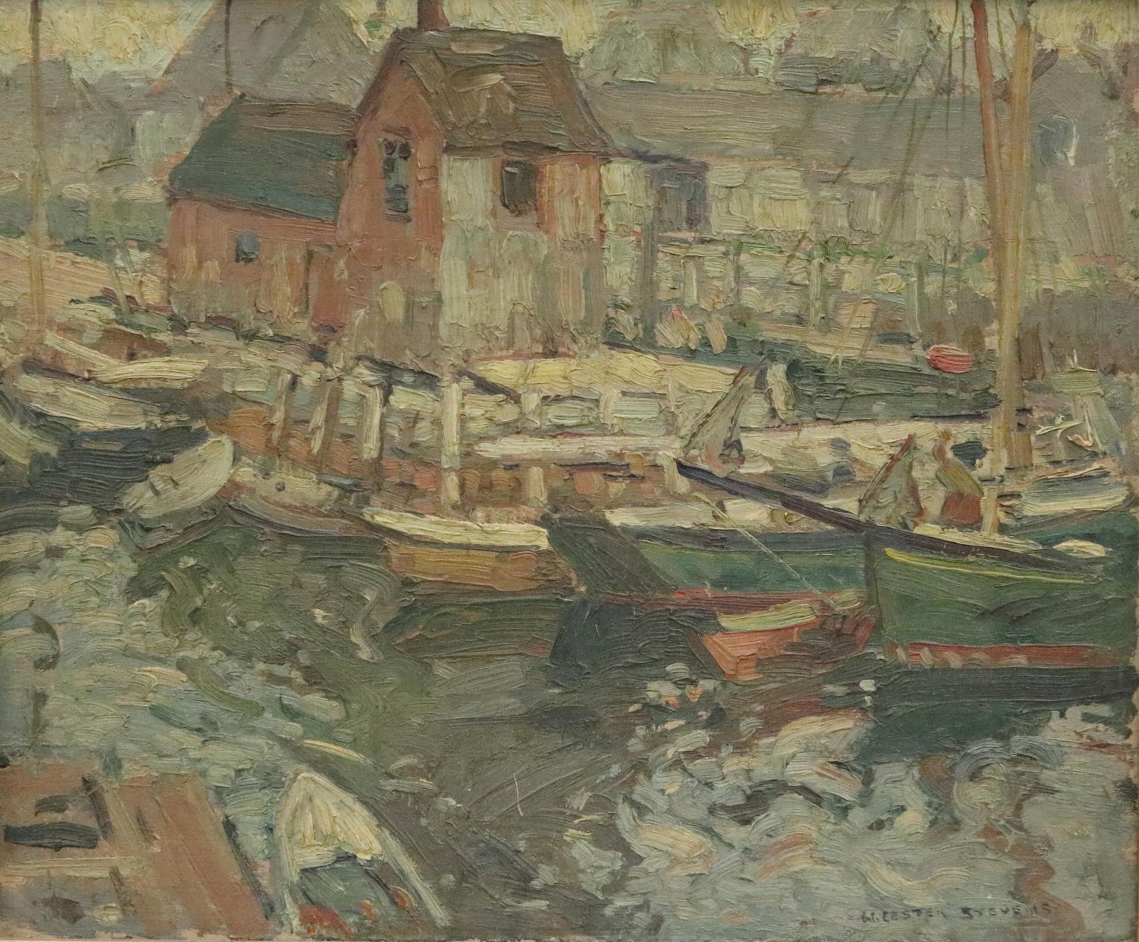 WILLIAM LESTER STEVENS (American, 1888?1969). The Red Boathouse, Rockport Wharf, Oil on canvas: WILLIAM LESTER STEVENS American, 1888?1969 The Red Boathouse, Rockport Wharf Oil on canvas Richly textured oil painting of the bustling view of the working waterfront of Rockport, Massachusetts. The c