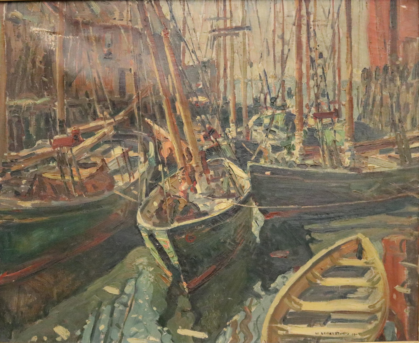 WILLIAM LESTER STEVENS (American, 1888?1969). Resting Fleet in the Harbor, 1930, Oil on canvas: WILLIAM LESTER STEVENS American, 1888?1969 Resting Fleet in the Harbor, 1930 Oil on canvas (for restoration) Harbor scene that captures a dense cluster of fishing vessels docked in a quiet port, likel