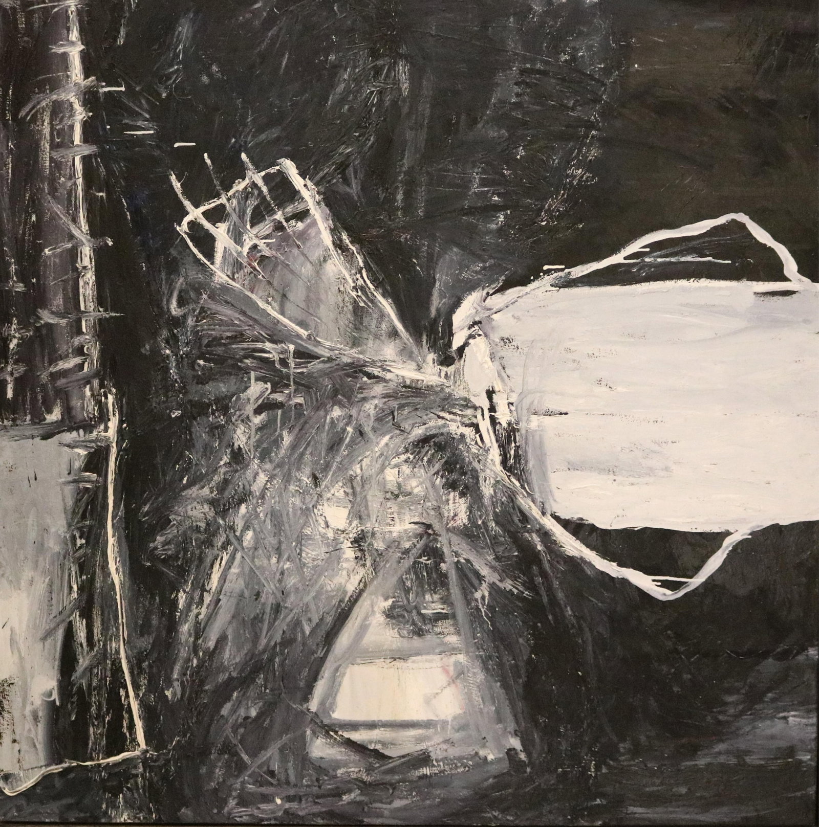 LYNN BOWERS, (American / Canadian 20th century). GangBusters, Oil on canvas, 60 X 60 inches: LYNN BOWERS American / Canadian, 20th century GangBusters Oil on canvas Verso signed. Framed. Contemporary abstract expressionist painting executed entirely in a palette of blacks, grays, and whites. 