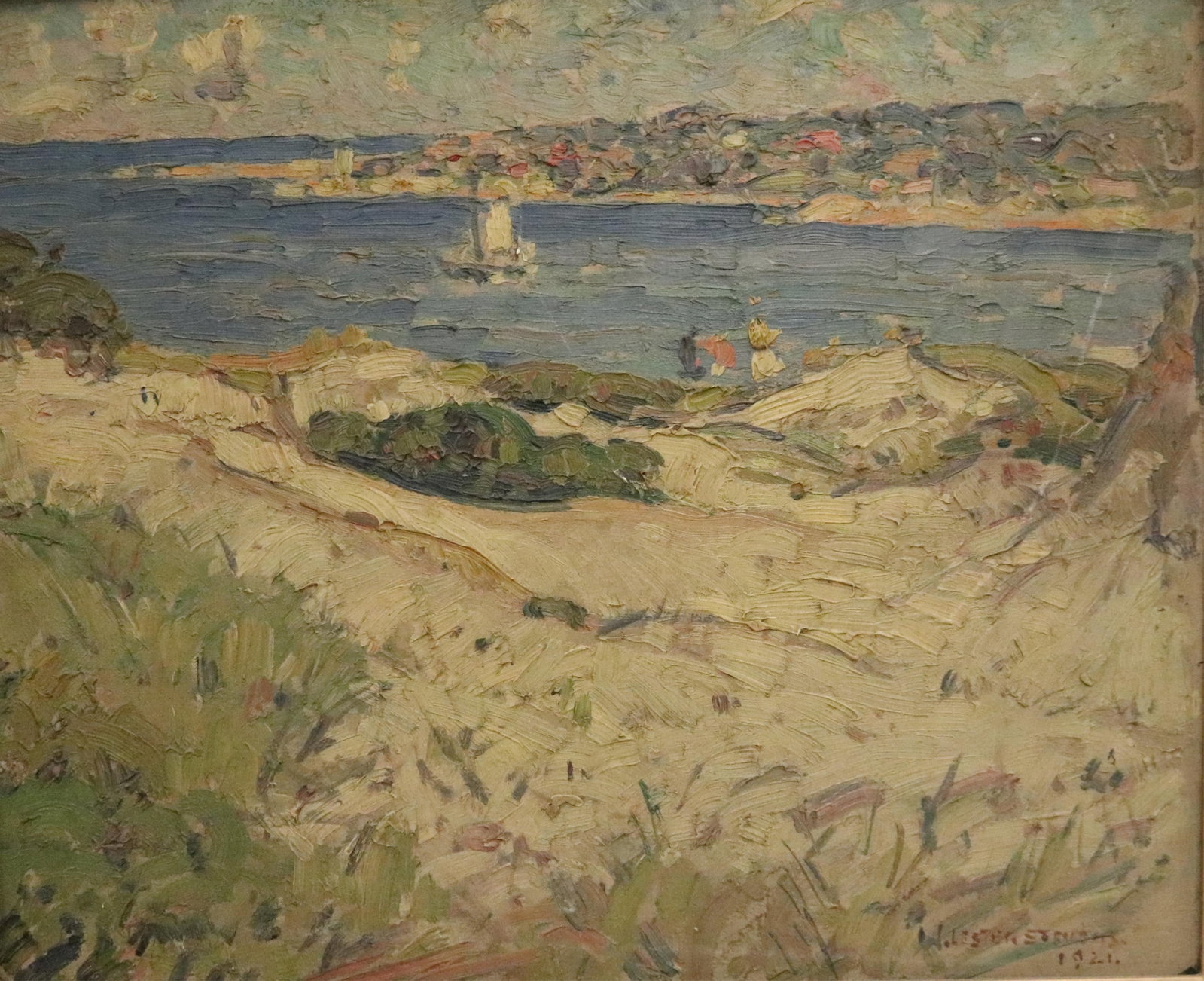 LESTER STEVENS (American, 1921). Summer Afternoon on the Coast, 1921, Oil on board: LESTER STEVENS American, 1921 Summer Afternoon on the Coast, 1921 Oil on board An Impressionist oil painting depicting sun-drenched sand dunes with figures overlooking a sparkling bay with sailboats a