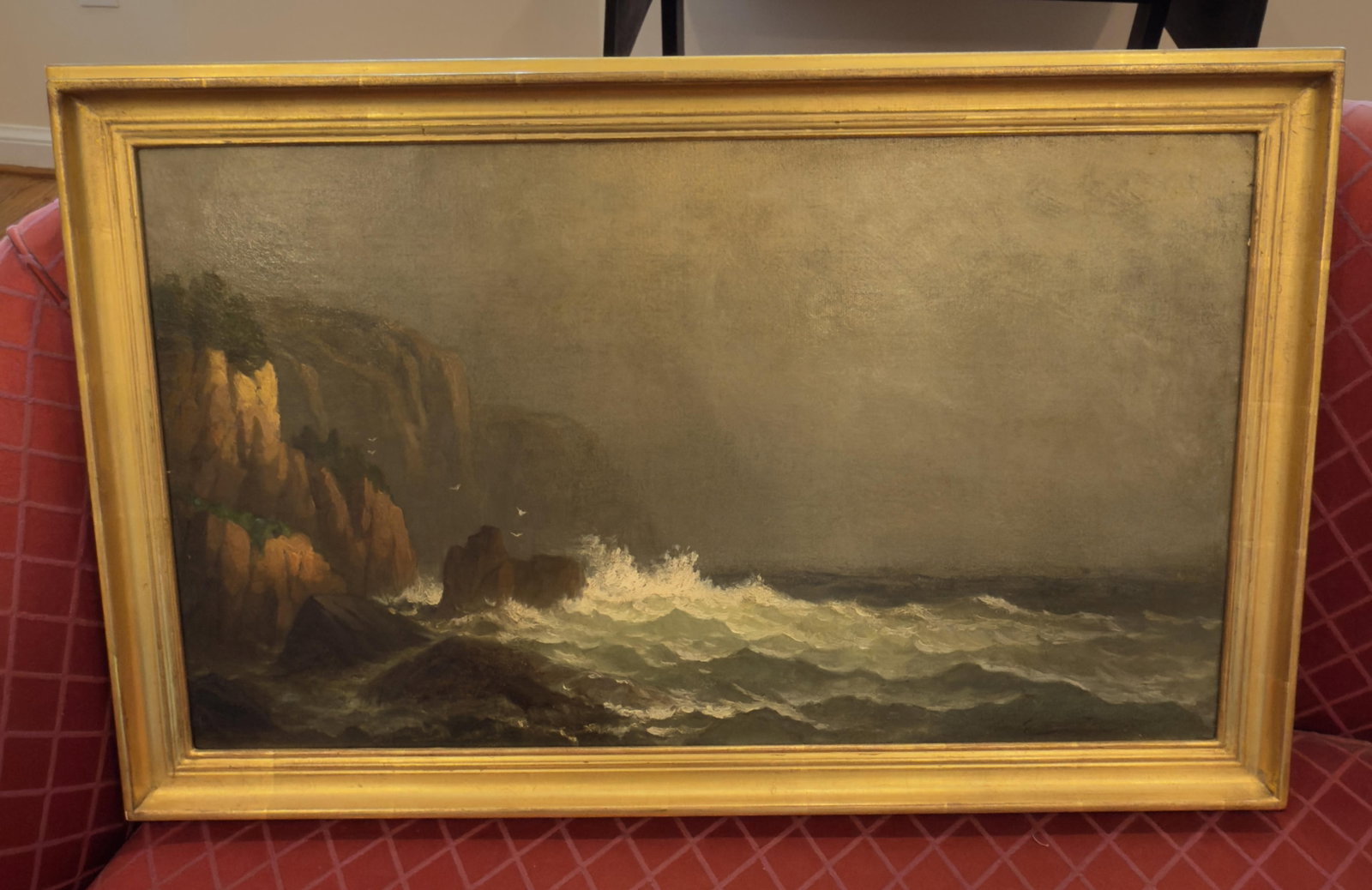 GEORGE W. WATERS (American, 1832-1912). Stormy Seas at the Rocky Coast, Oil on canvas, 14 x 24 (1 of 1)