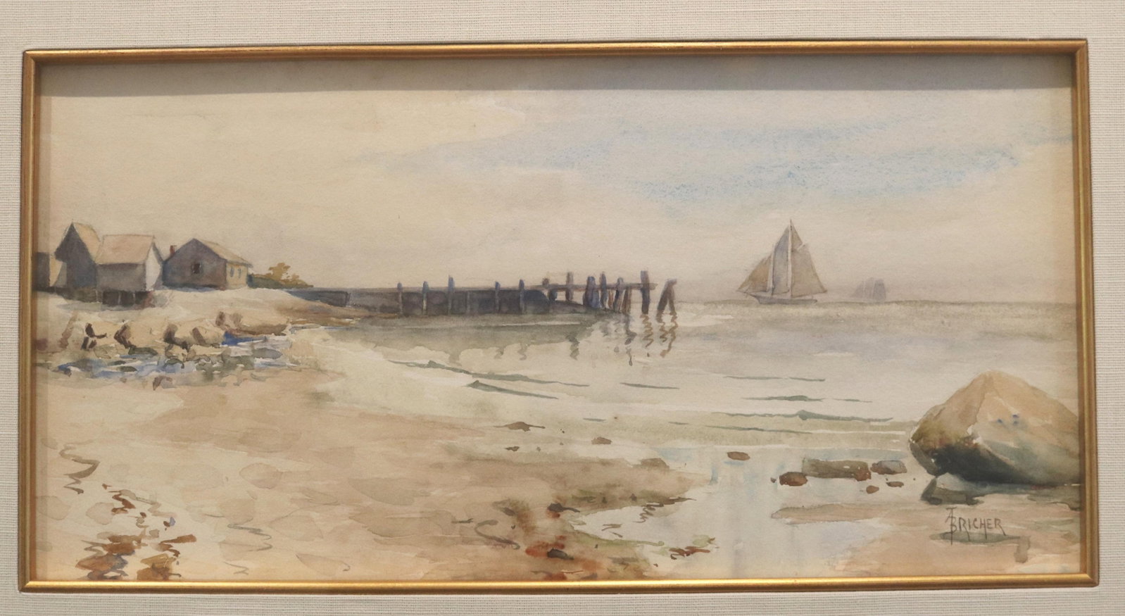 ALFRED THOMPSON BRICHER (American, 1837?1908). Coastal Village with Pier and Sailboat, Watercolor on (1 of 17)