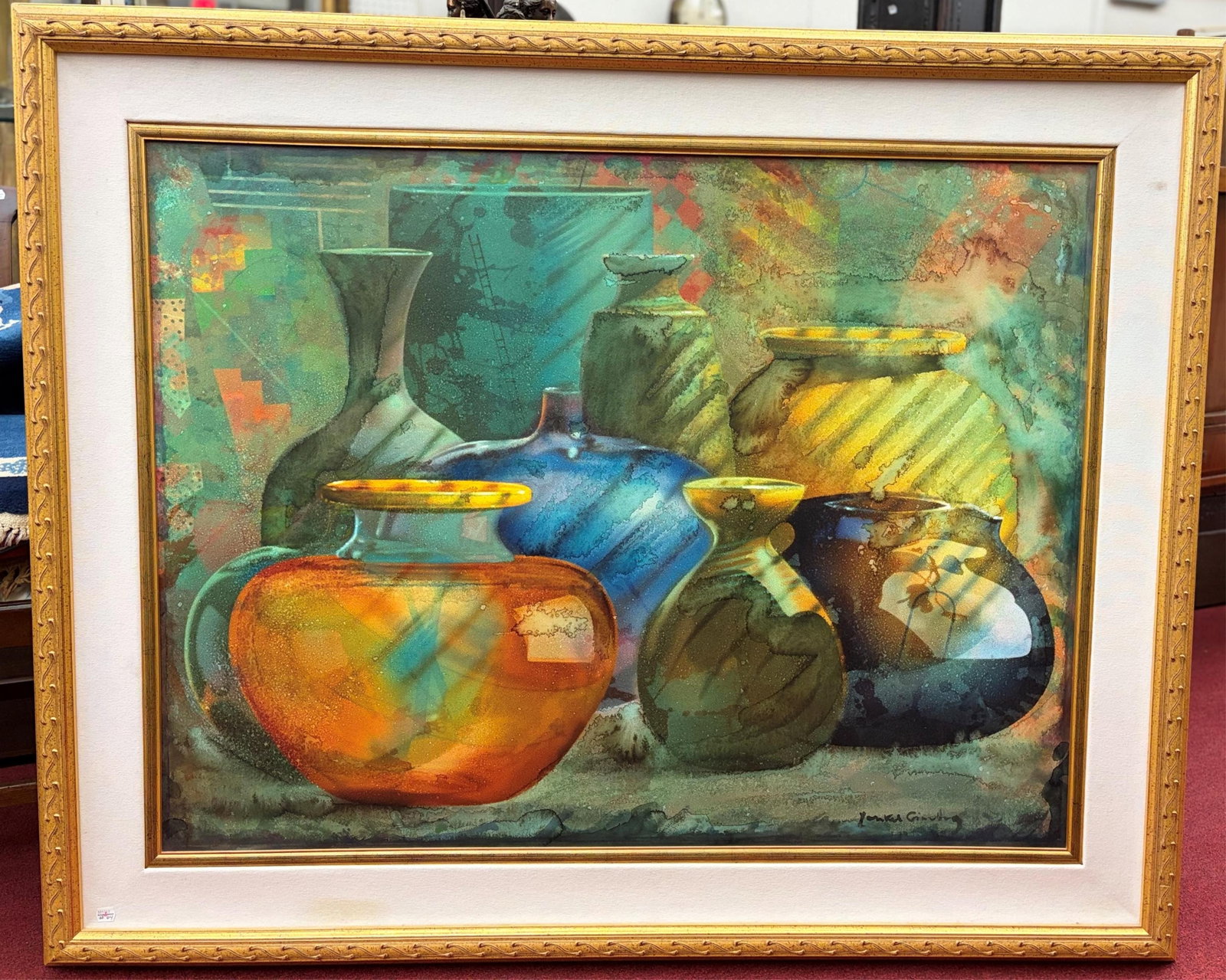 YANKEL GINZBURG (Israeli/ American, b. 1945). Framed Still Life, oil on canvas.: YANKEL GINZBURG Israeli/ American, b. 1945 Framed Still Life oil on canvas. Signed lower right. Framed. DIMENSIONS: 32 x 43 inches; frame: 44 x 55 inches ARTIST PROFILE: Yankel Ginzburg