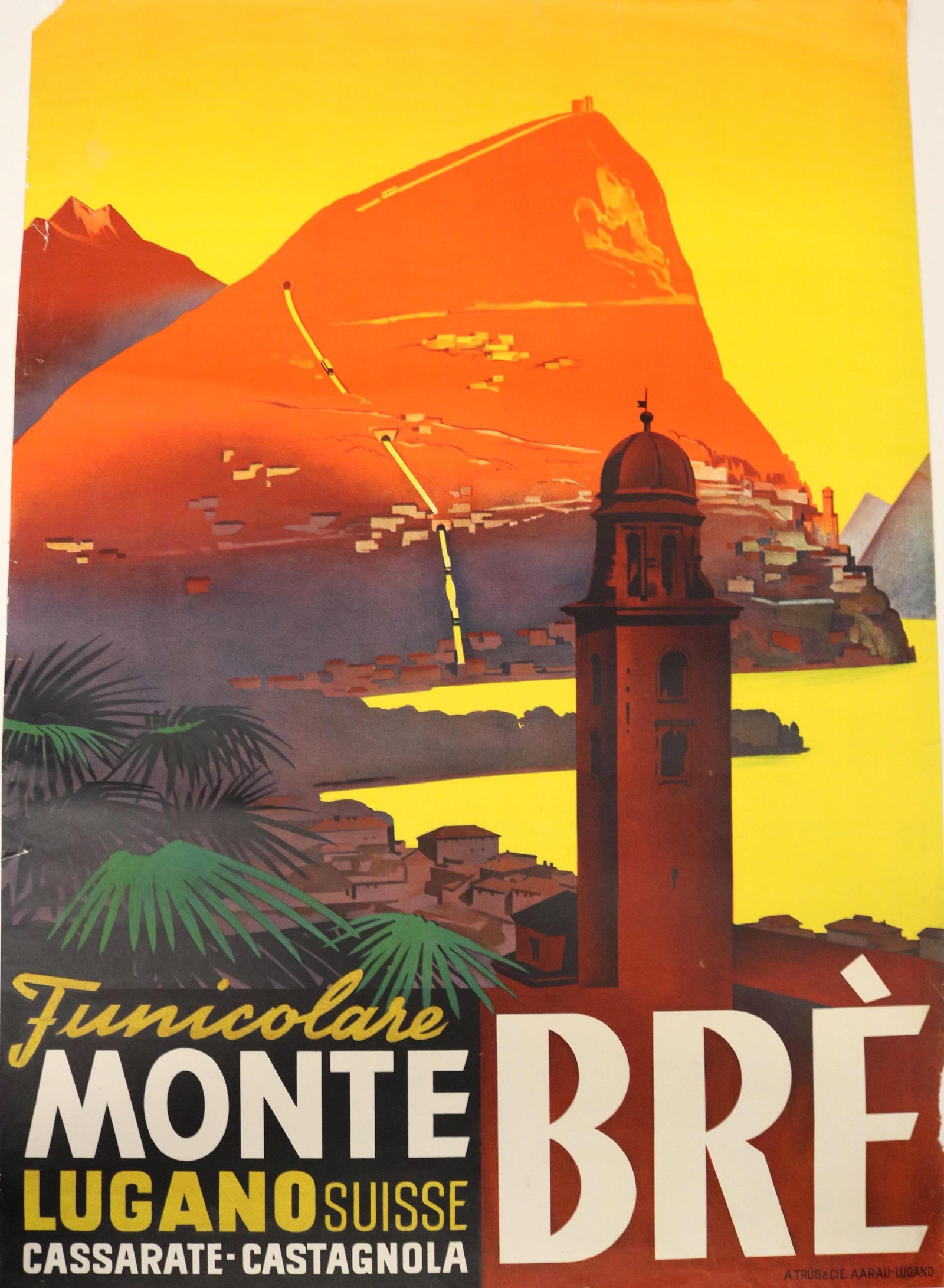SWISS VINTAGE TRAVEL POSTER BY GRAPHIC ARTIST ERNST OTTO TO PROMOTE THE FUNICOLARE MONTE BRE, LUGANO: SWISS VINTAGE TRAVEL POSTER BY GRAPHIC ARTIST ERNST OTTO TO PROMOTE THE FUNICOLARE MONTE BRE, LUGANO Vintage travel poster from the 1930s was created by the accomplished graphic artist Ernst Otto to p