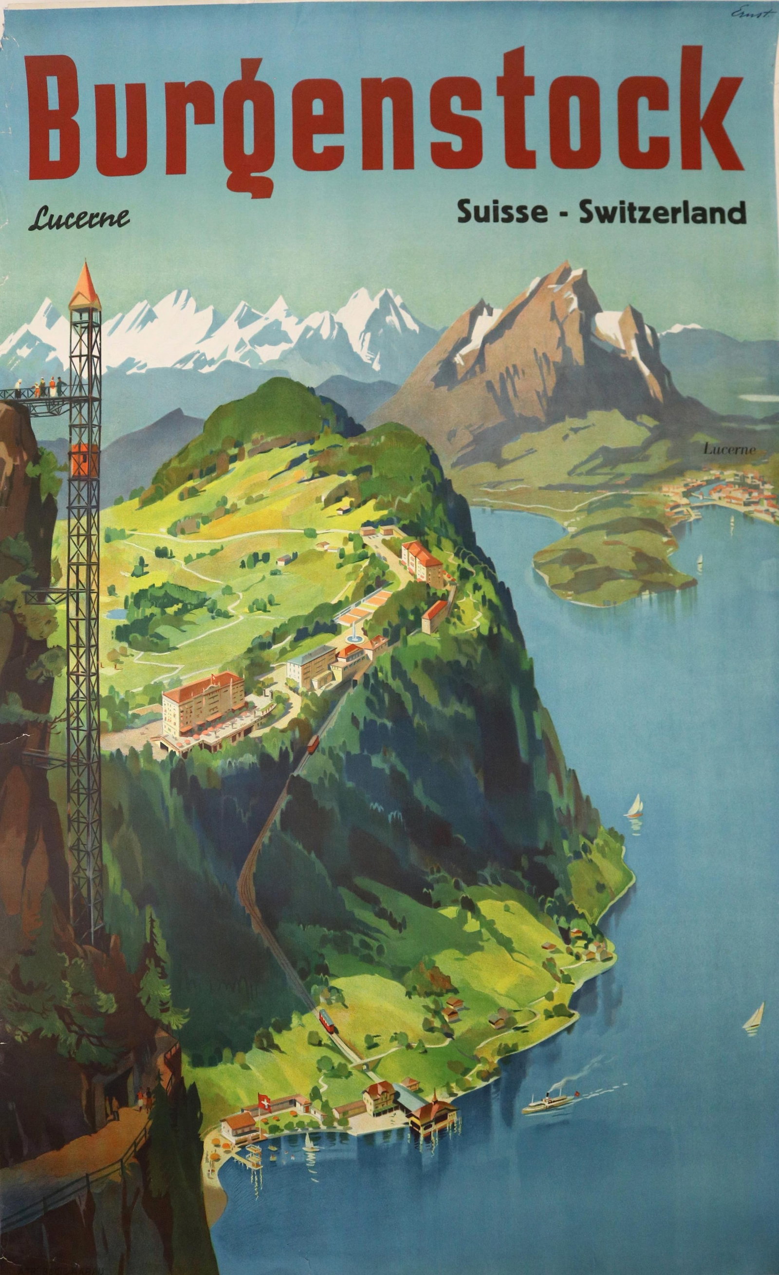 SWISS VINTAGE TRAVEL POSTER CREATED BY OTTO ERNST TO SHOWCASE BuRGENSTOCK, A CLIFFTOP RESORT: SWISS VINTAGE TRAVEL POSTER CREATED BY OTTO ERNST TO SHOWCASE BuRGENSTOCK, A CLIFFTOP RESORT OVERLOOKING LAKE LUCERNE Vintage travel poster from circa 1940 created by Otto Ernst to showcase the grande