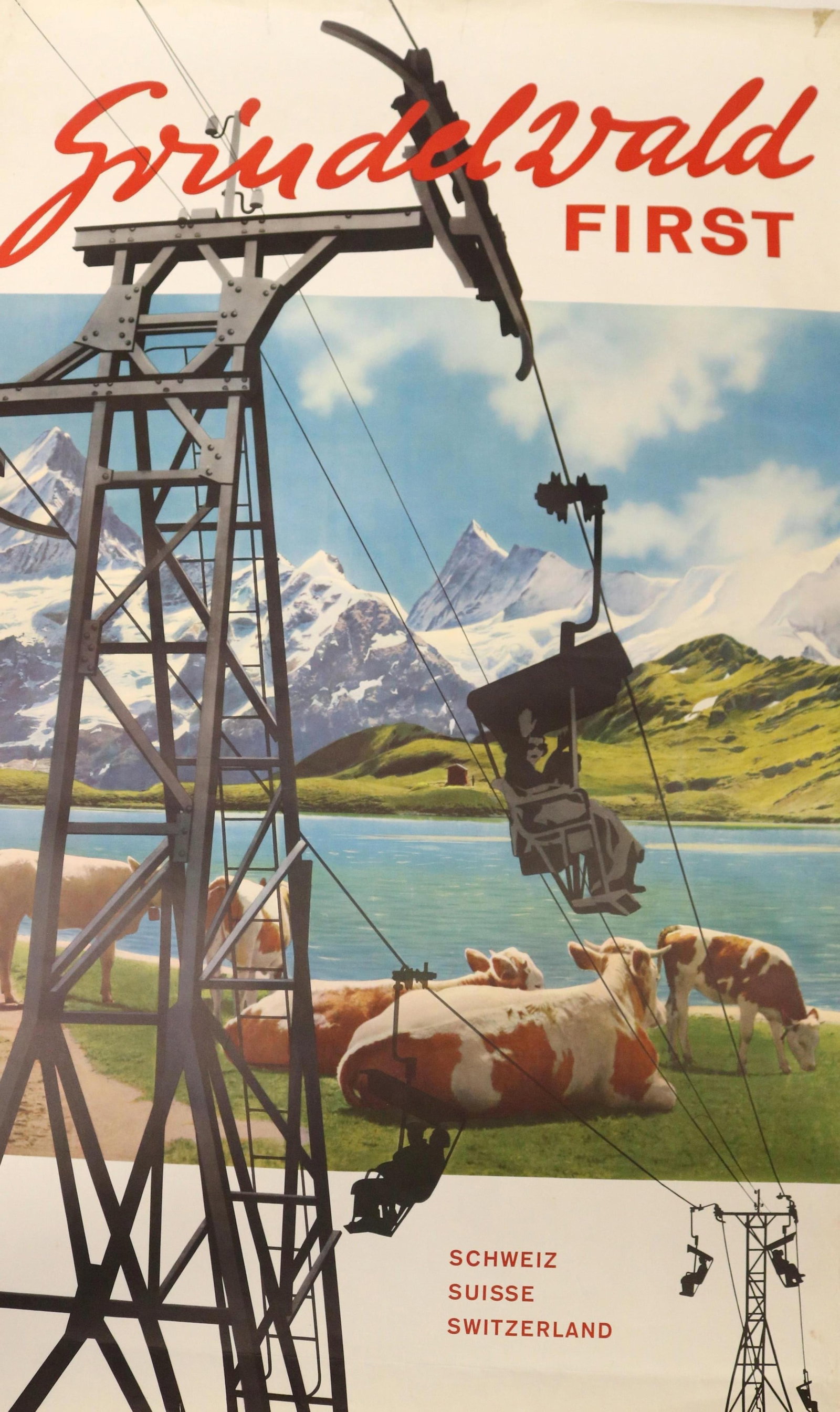 SWISS VINTAGE TRAVEL POSTER TO PROMOTE GRINDELWALD FIRST, AN ALPINE DESTINATION; DESIGNED BY ADOLF: SWISS VINTAGE TRAVEL POSTER TO PROMOTE GRINDELWALD FIRST, AN ALPINE DESTINATION; DESIGNED BY ADOLF FLUCKIGER, ERNST BOCCHETTI, PHOTOGRAPHERS GYGER & KLOPFENSTEIN This captivating vintage travel poster