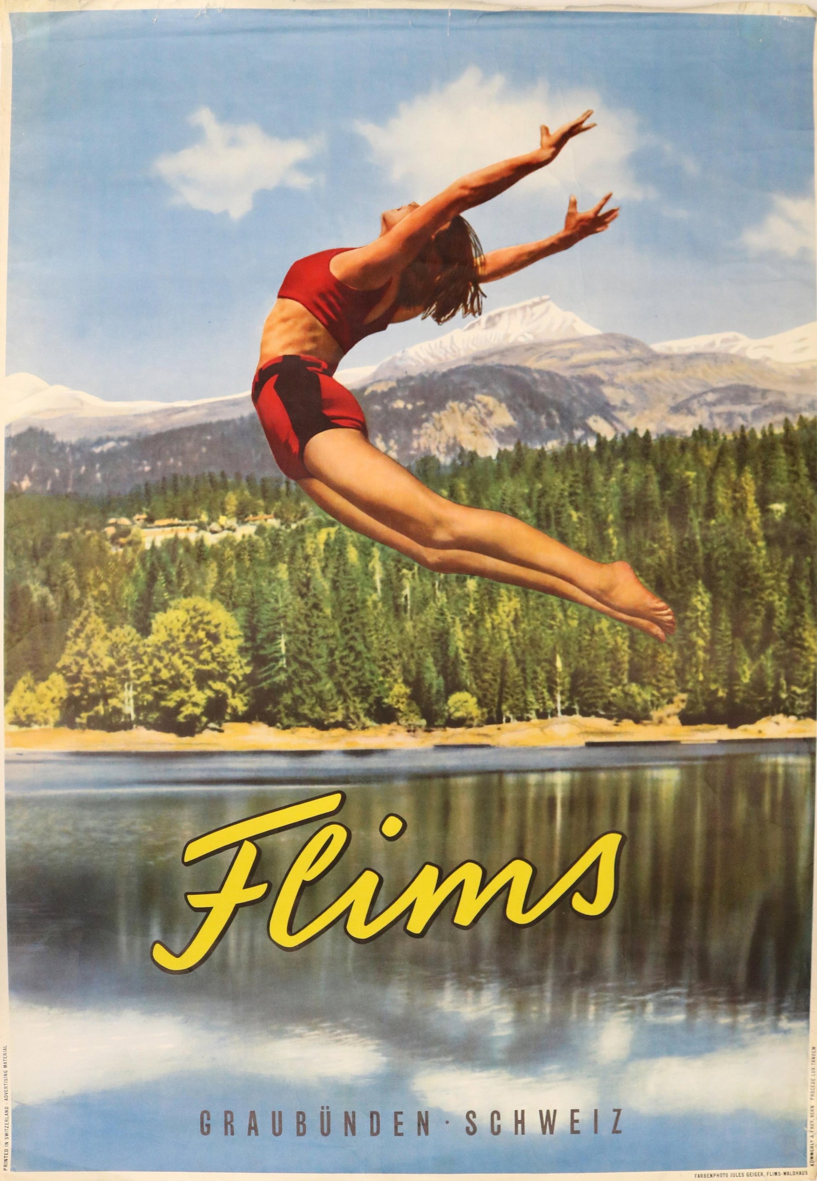 SWISS VINTAGE TRAVEL POSTER, PHOTOGRAPHED BY JULES GEIGER OF FLIMS, A RESORT DESTINATION IN: SWISS VINTAGE TRAVEL POSTER, PHOTOGRAPHED BY JULES GEIGER OF FLIMS, A RESORT DESTINATION IN GRAUBUNDEN Vintage travel poster, photographed by Jules Geiger around 1936, captures the exhilarating spirit