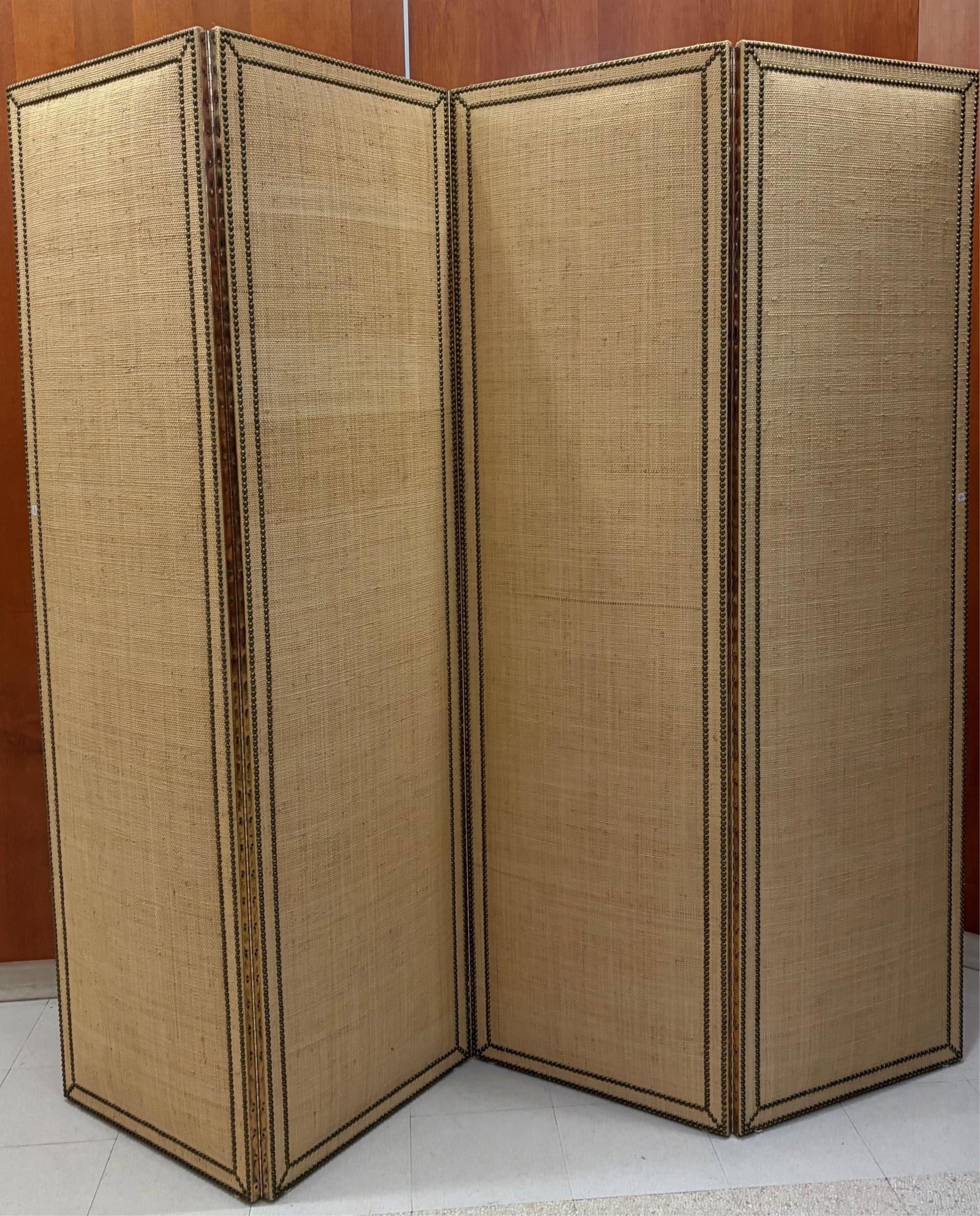 CONTEMPORARY BEIGE STRAW-COLOR WOVEN FIBER FOUR-FOLD FLOOR SCREEN - H: 84 in. W: 96 in.. (1 of 15)