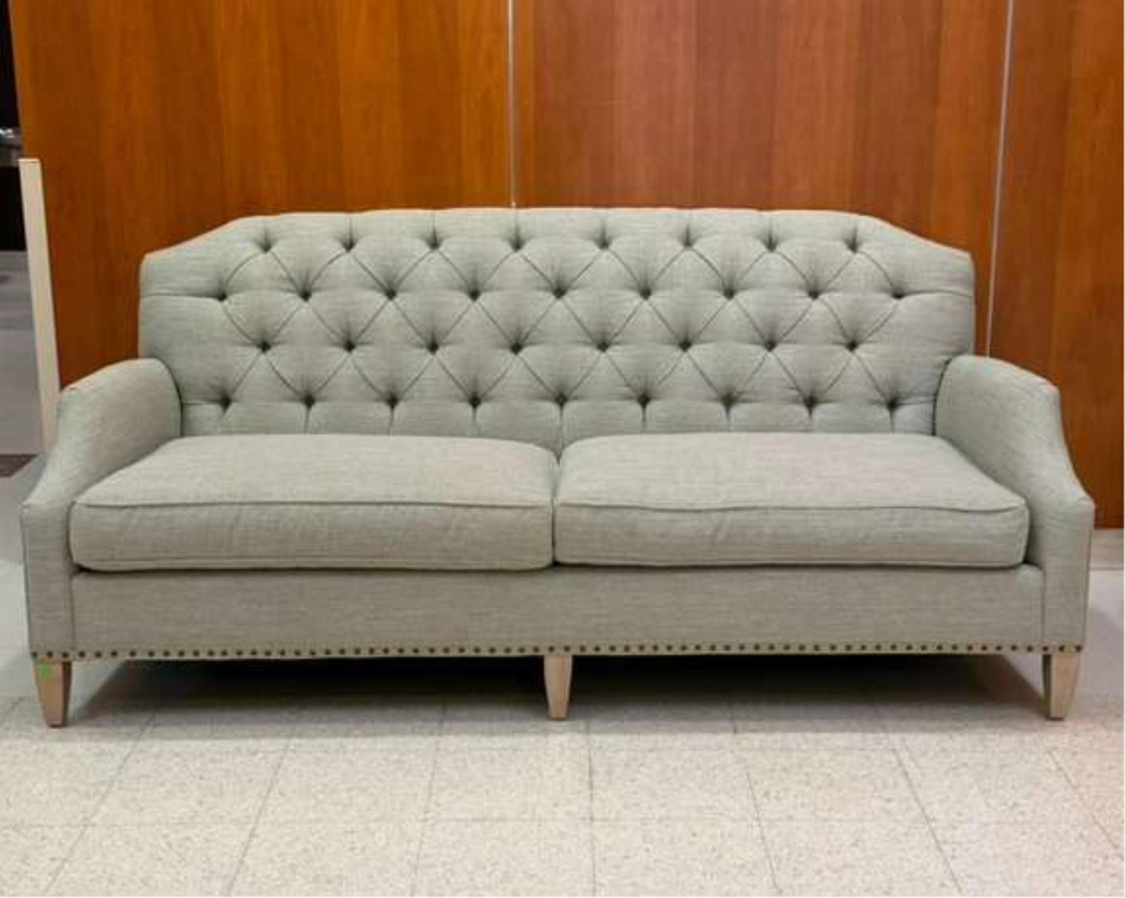 CONTEMPORARY TUFTED, BLUE-GRAY HEATHER FABRIC UPHOLSTERED SOFA - . (1 of 10)