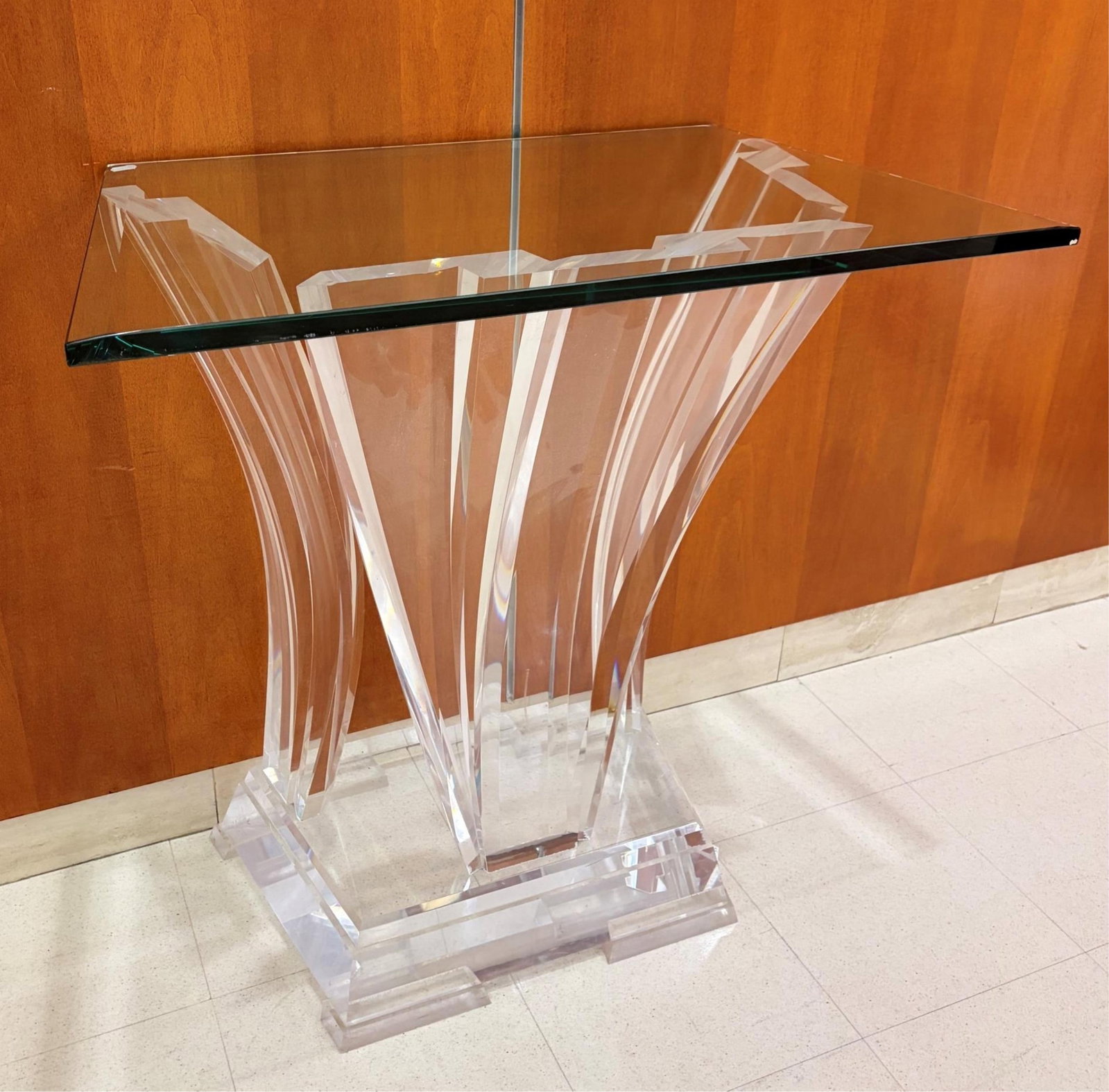CONTEMPORARY SIGNED COLORLESS GLASS AND LUCITE CONSOLE TABLE IN THE STYLE OF JEFFEREY BIGELOW - Top, (1 of 13)