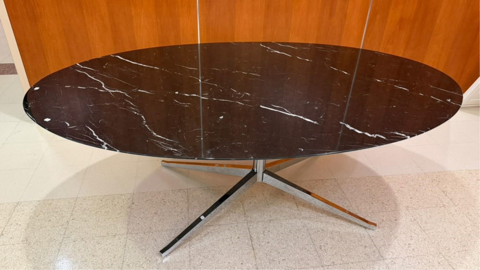 ITALIAN MID-CENTURY MODERN OVAL DINING TABLE WITH WHITE-VEINED MARBLE TOP RESTING ON CHROME BASE - (1 of 18)