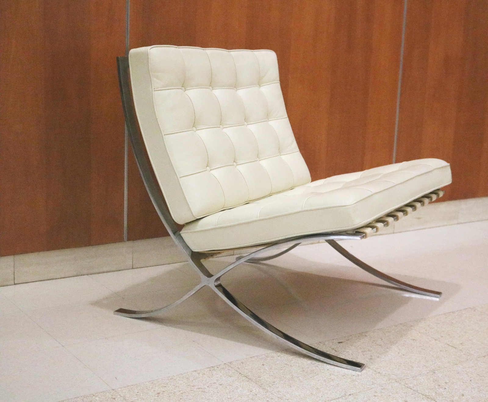 MIES VAN DER ROHE OFF-WHITE LEATHER AND CHROME "BARCELONA" CHAIR MANUFACTURED BY KNOLL - . (1 of 12)