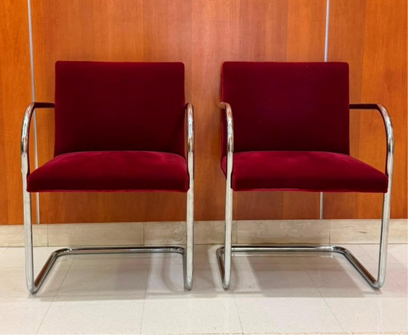 SET OF SIX MODERN KNOLL LABELED BRNO TUBULAR CHROME CHAIRS WITH RED VELVET UPHOLSTERY - . (1 of 10)