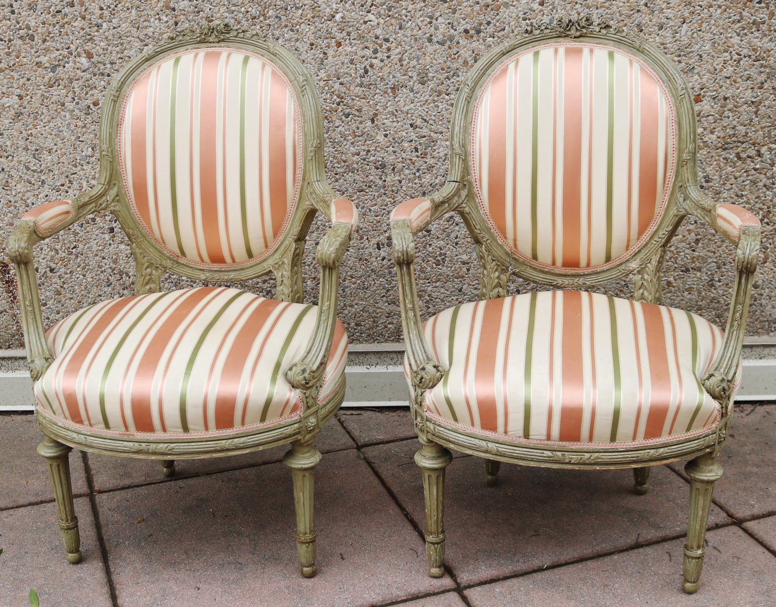 PAIR LOUIS XVI STYLE CARVED AND PAINTED FAUTEUILS 19th century - . (1 of 12)