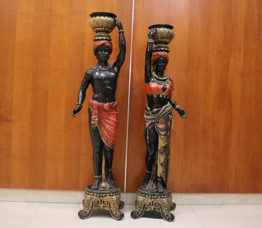 PAIR RED AND GILT PAINTED BRONZE MALE AND FEMALE BLACKAMOOR FIGURES. 19th century. - Taller, height: (1 of 17)