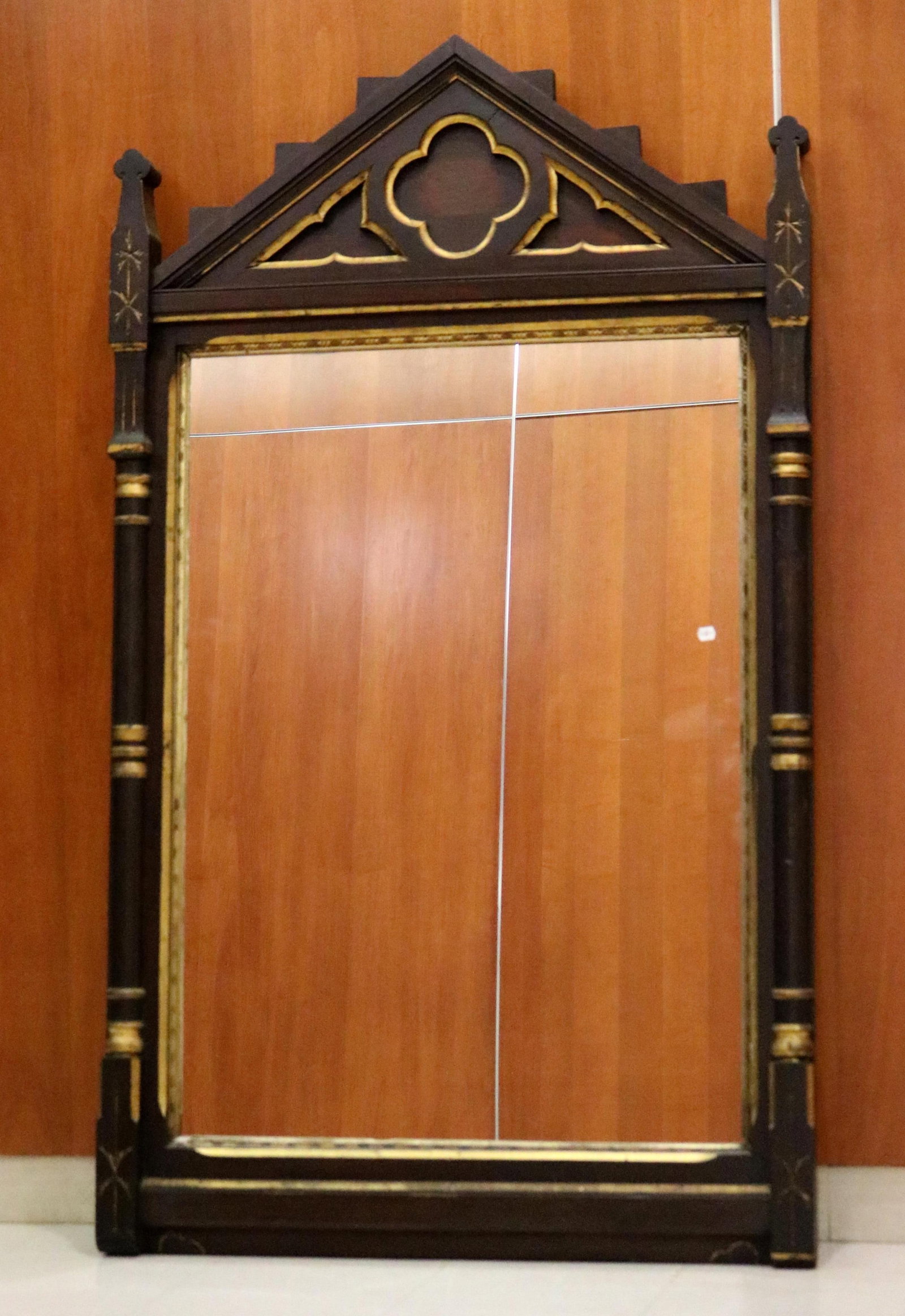 CARVED MAHOGANY WALL MIRROR WITH GILT ACCENTS late 19th century - H: 64 in. W: 37 1/4 in.. (1 of 15)