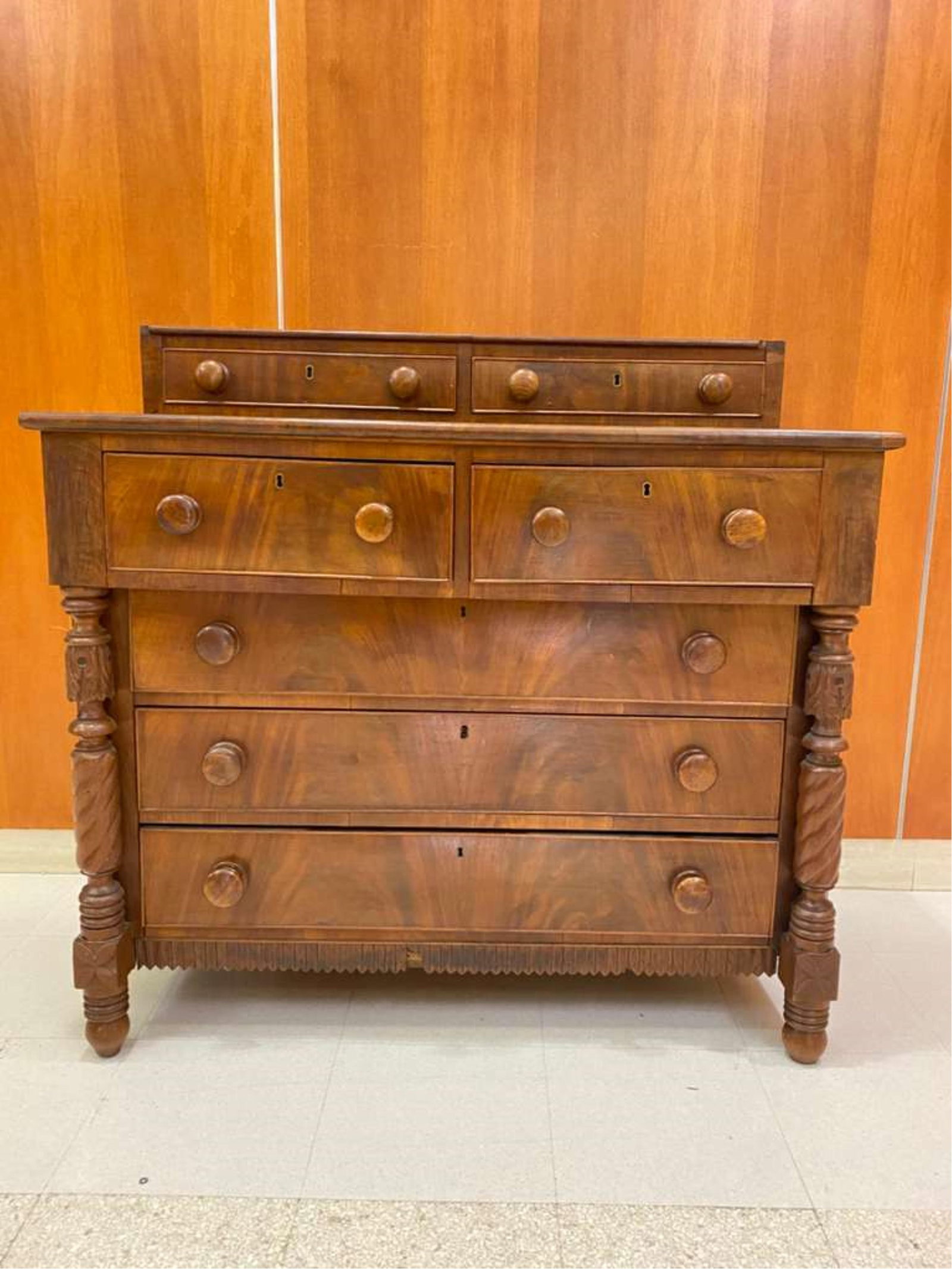 AMERICAN EMPIRE CARVED MAHOGANY DRESSER - H: 40". W: 40 1/2". D: 19 5/8".. (1 of 20)
