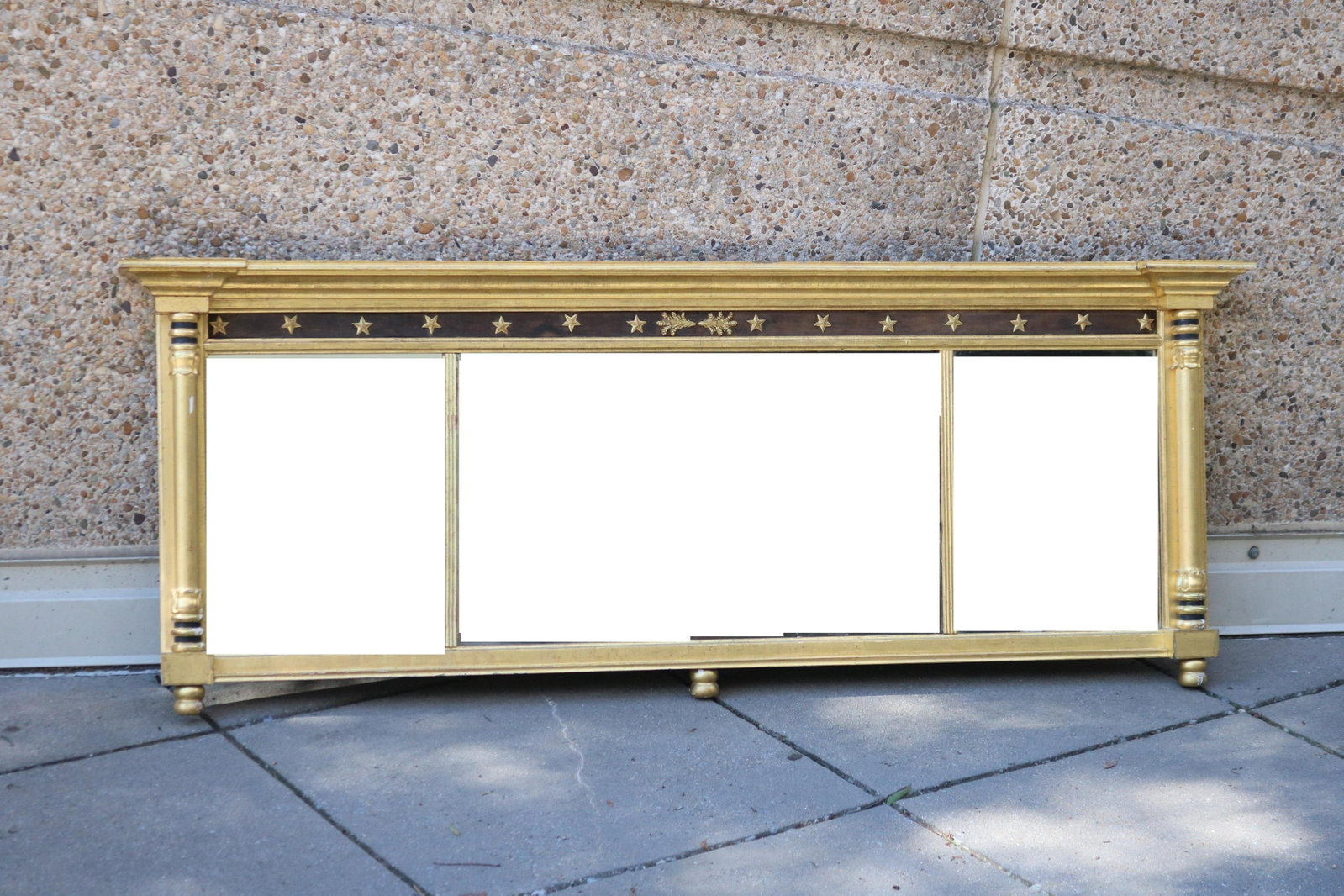 AMERICAN EMPIRE-CARVED AND GILT TRI-PART OVER-MANTLE MIRROR - H: 23 in. W: 58 3/4 in.. (1 of 5)