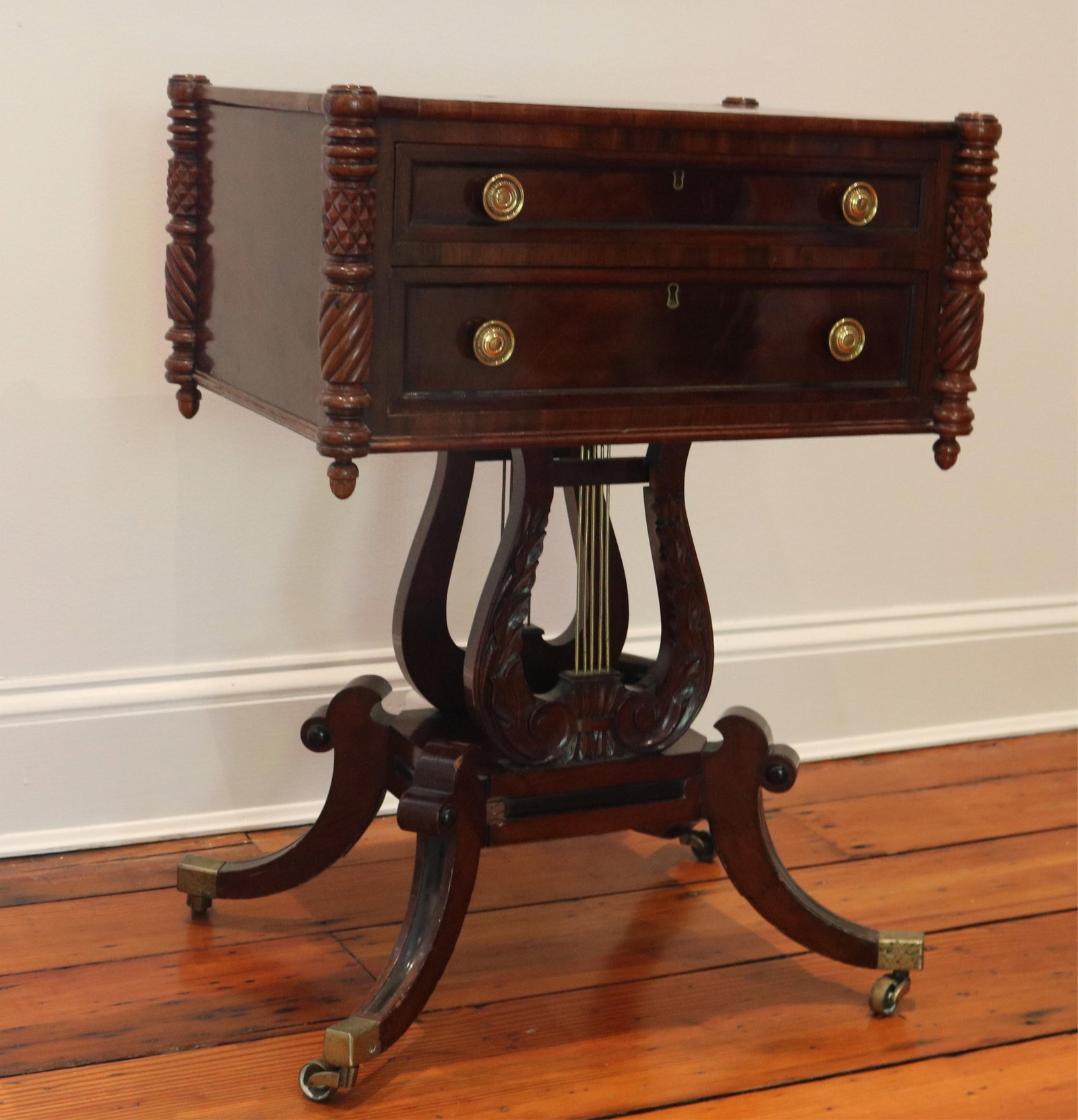 BOSTON EMPIRE CARVED MAHOGANY TWO-DRAWER WORK TABLE WITH LYRE BASE circa 1815 - H: 28 1/2 in. Top, (1 of 18)