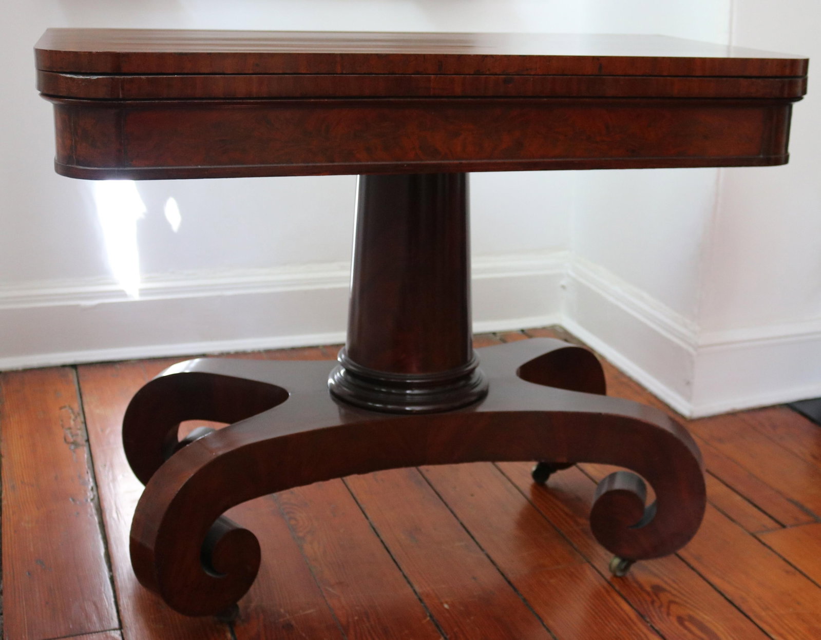 PAIR EMPIRE MAHOGANY PILLAR-AND-SCROLL FOLD-TOP CARD TABLES, BOSTON - H: 28 1/2 in. Top, 37 in. x 38 (1 of 3)
