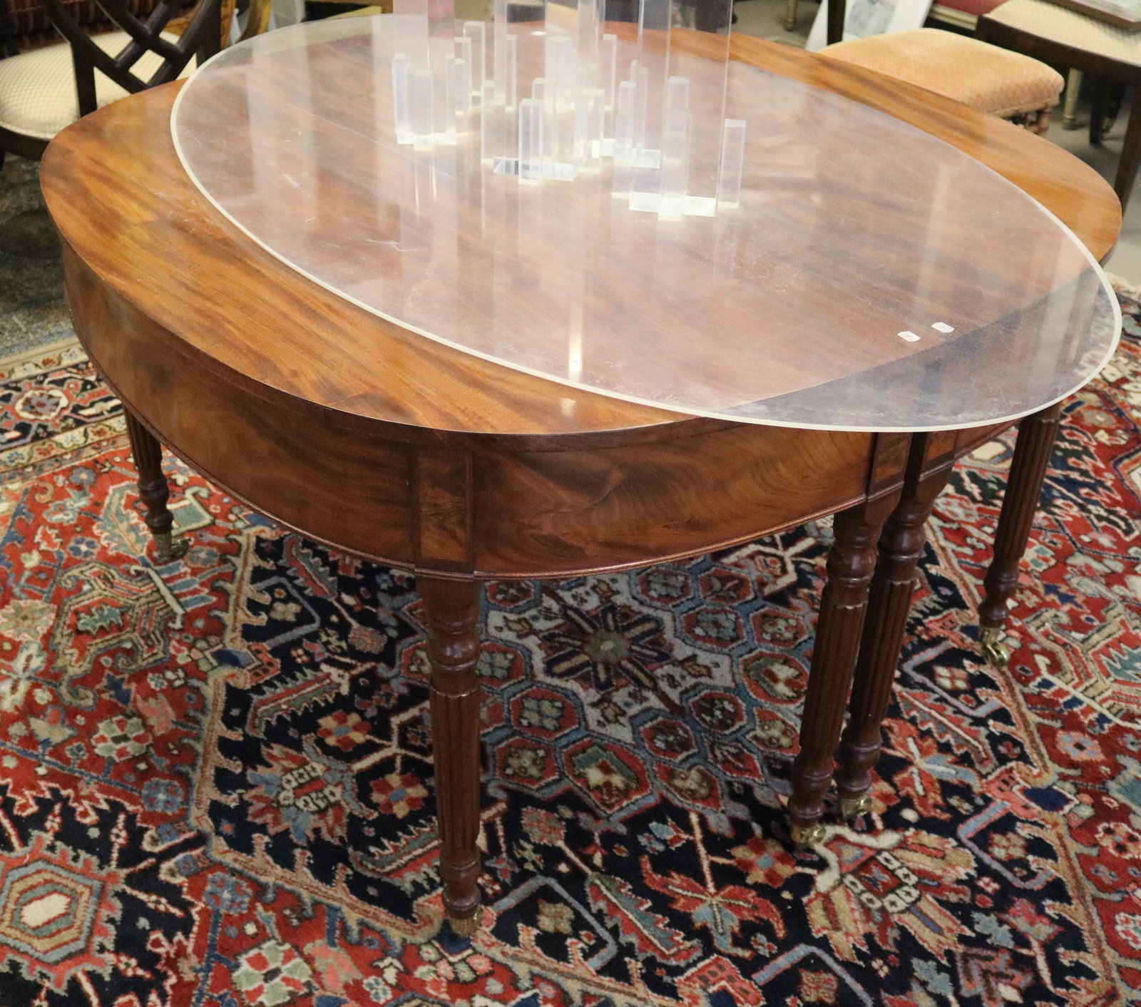 PAIR LATE SHERATON MAHOGANY DEMILUNE CONSOLE TABLES circa 1820 - H: 30 in. W: 50 in. D: 25 in.. (1 of 17)