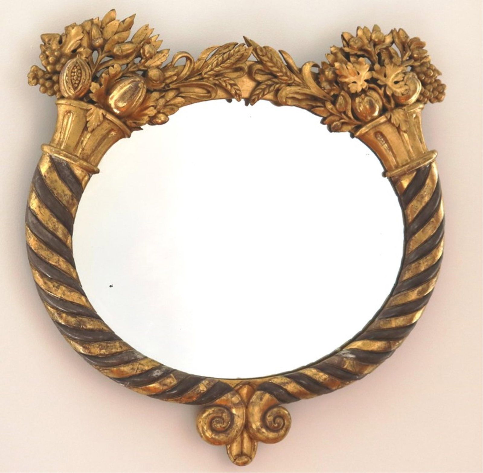 AMERICAN EMPIRE SILVER AND GOLD-LEAF CARVED CORNUCOPIA OVAL WALL MIRROR circa 1830-1840 - H: 28 in. (1 of 20)