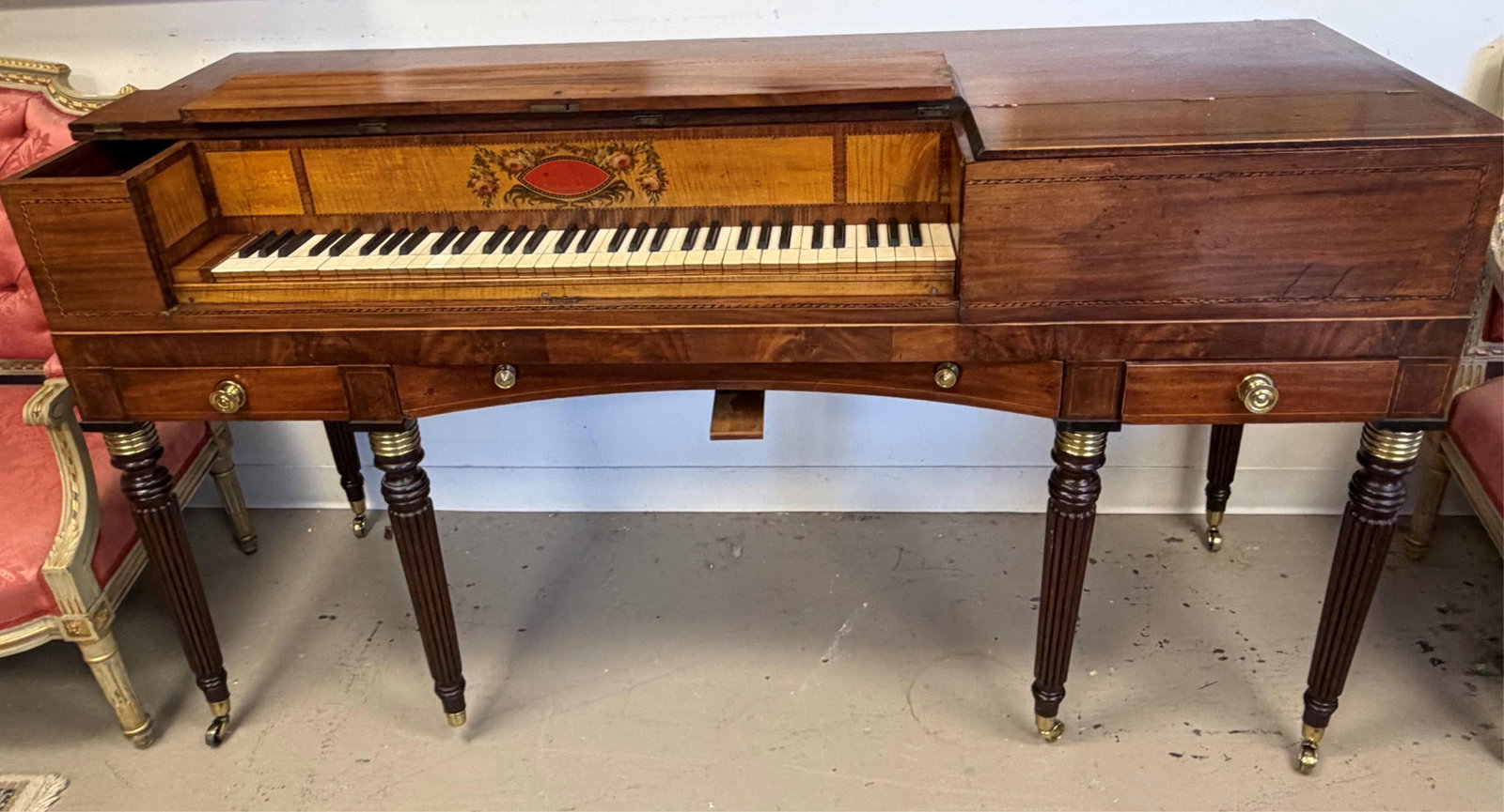 AMERICAN INLAID MAHOGANY AND TIGER MAPLE HARPSICHORD IN THE SHERATON TASTE, MADE BY CHARLES (1 of 8)