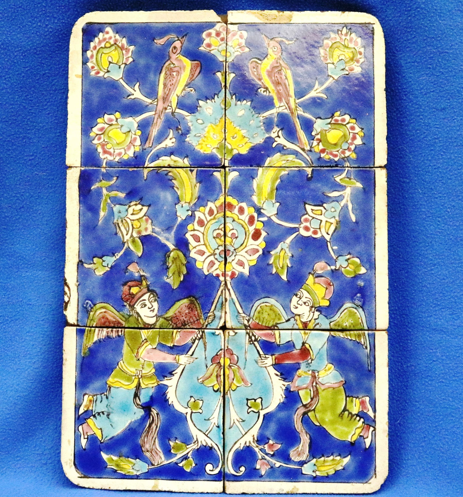 QAJAR OR OTTOMAN-INSPIRED SIX-TILE CERAMIC PANEL WITH INTRICATE FIGURAL AND FLORAL MOTIFS 19th (1 of 16)