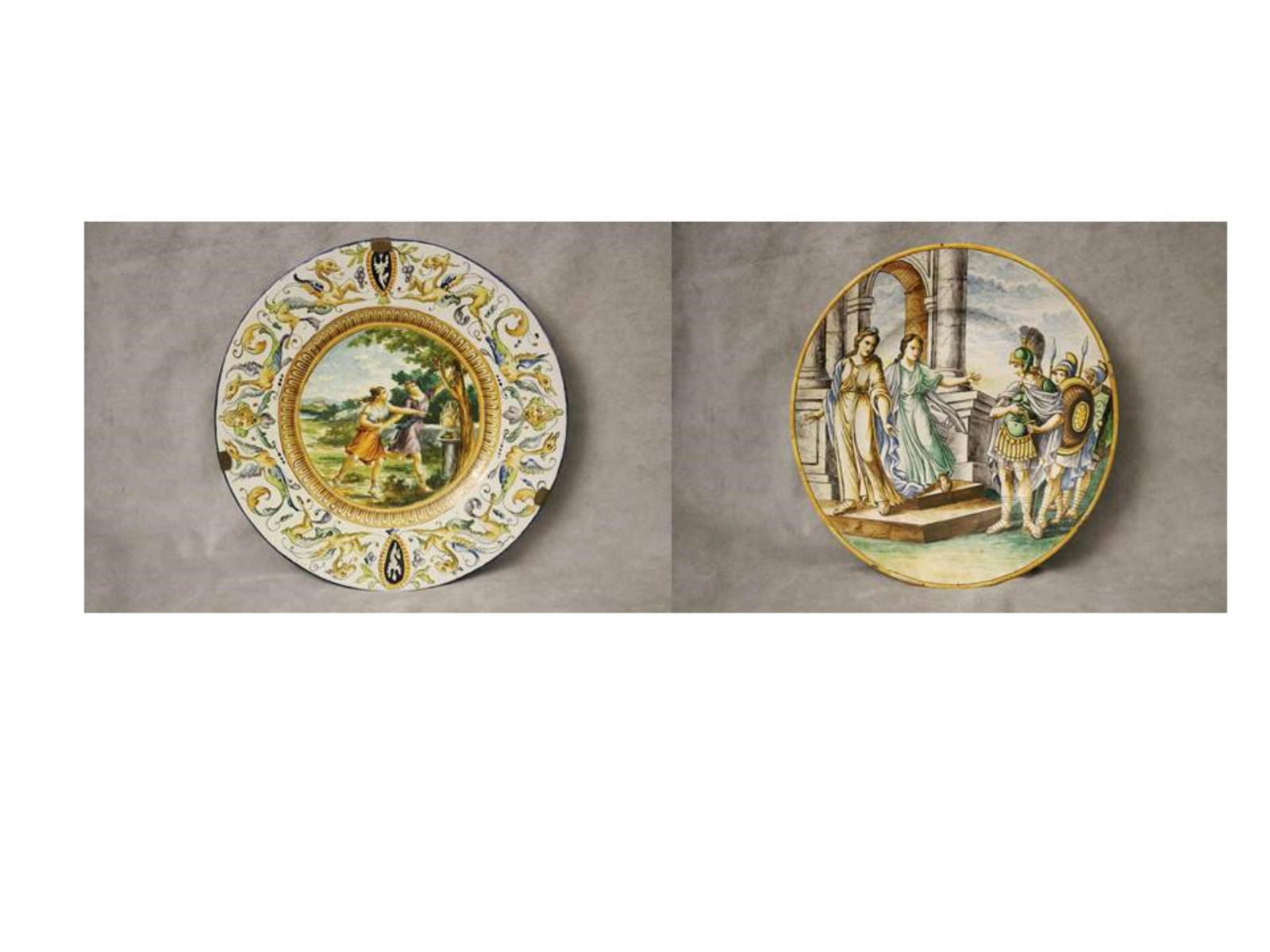 TWO SIMILAR ITALIAN FAIENCE STYLE CERAMIC CHARGERS WITH POLYCHROMED MYTHOLOGICAL SCENES - Larger, D: (1 of 20)