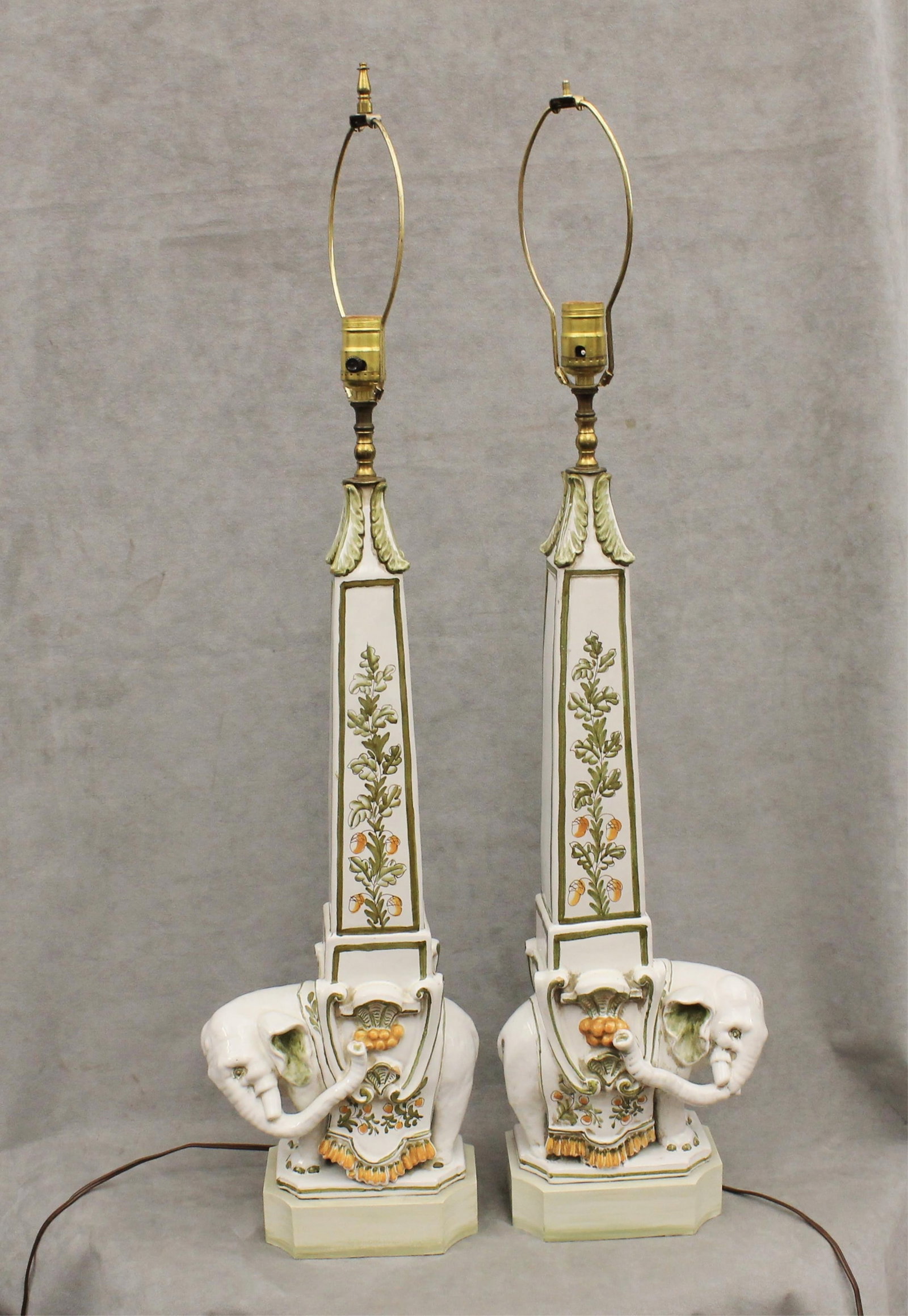 PAIR ITALIAN POLYCHROMED CERAMIC ELEPHANT OBELISKS MODELED AFTER GIAN LORENZO BERNINI'S SCULPTURE (1 of 10)
