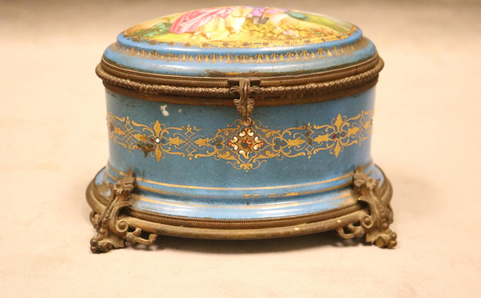 NAPOLEON III SEVRES-TYPE CELESTE BLUE PORCELAIN OVAL HINGED-TOP BOX CONTAINING SET OF FOUR BOTTLES (1 of 15)