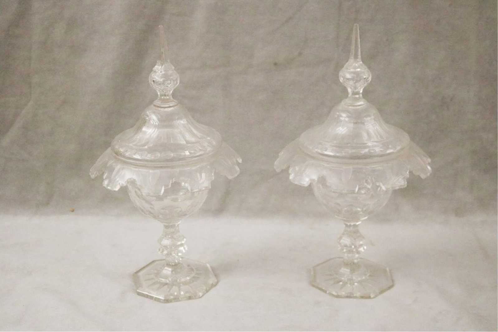 PAIR 19TH CENTURY CUT COLORLESS LIFT-COVER PEDESTAL-BASE COMPOTES - Height: 15 1/4". (1 of 5)