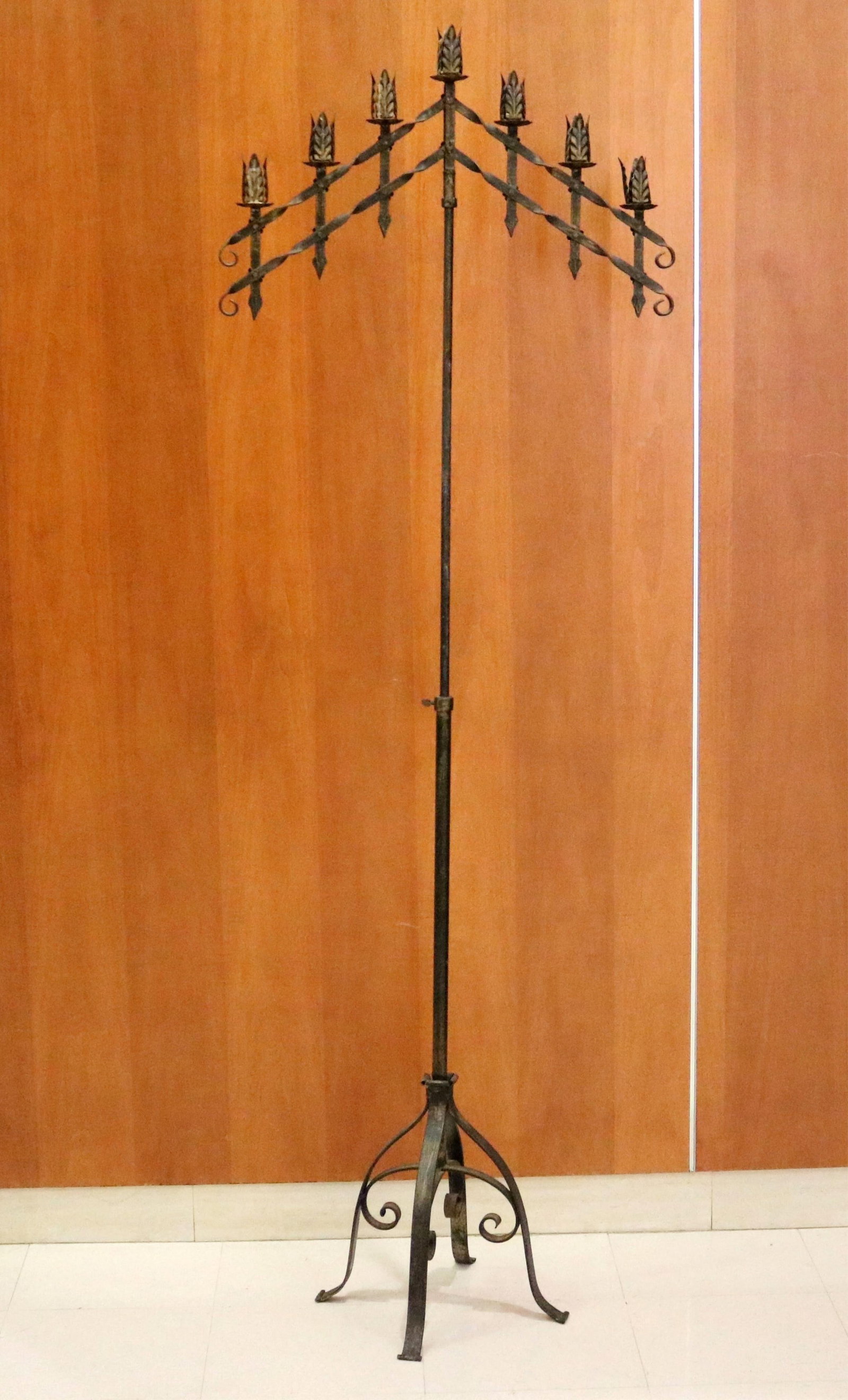 GOTHIC-STYLE SEVEN-LIGHT WROUGHT IRON ADJUSTABLE FLOOR CANDELABRA 19th century - H: 71 in. Spread, (1 of 10)