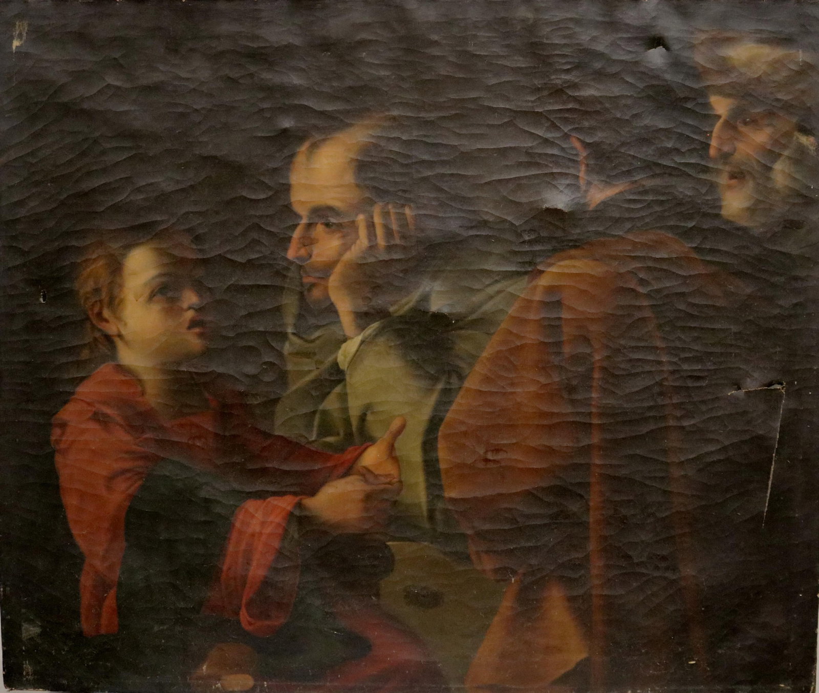 ITALIAN SCHOOL (18th / 19th century). Christ Among the Doctors, Oil on canvas, 24 x 45 inches: ITALIAN SCHOOL 18th / 19th century Christ Among the Doctors Oil on canvas (for restoration) Baroque-style oil painting that depicts the biblical episode of the young Jesus engaging in theological disc