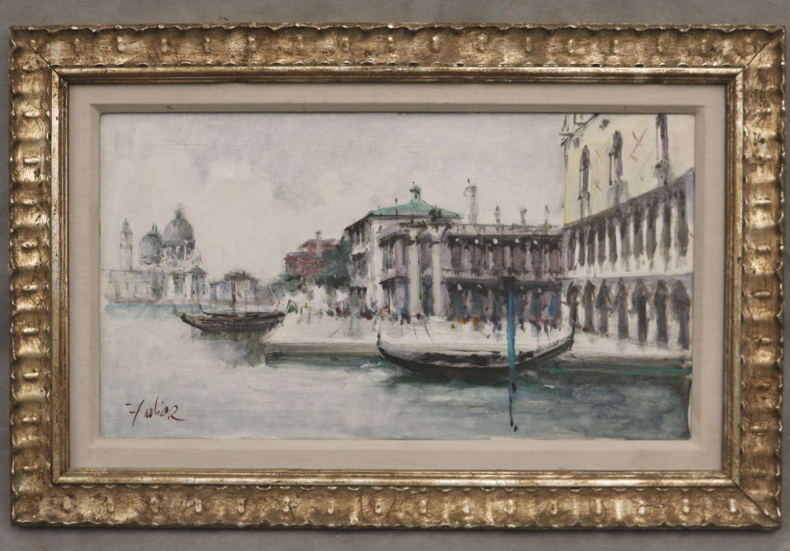 ITALIAN SCHOOL (20th century). Venice from the Grand Canal, Oil on canvas, 10 x 18 inches; frame: 15: ITALIAN SCHOOL 20th century Venice from the Grand Canal Oil on canvas Signed "FALIER" lower left. Gondolas glide along the misty waterfront of Venice, with the iconic domed Santa Maria della Salute vi