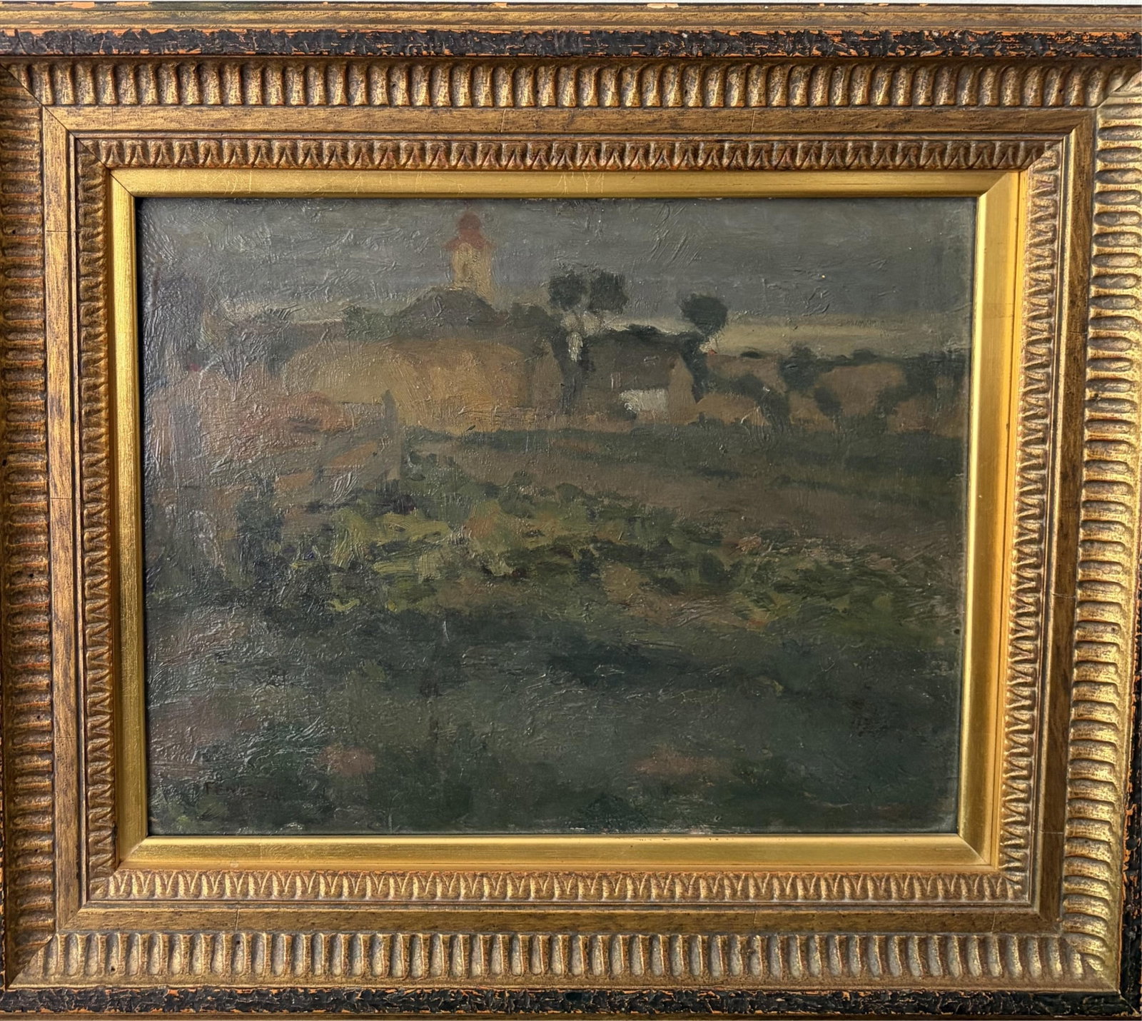 ADOLF FENYES (Hungarian, 1867-1945). Village at Dusk, Oil on board, 10 x 12 inches; frame: 15 x 17: ADOLF FENYES Hungarian, 1867-1945 Village at Dusk Oil on board Signed "FENYES A." lower left. Impressionist landscape in muted earth tones depicting a rural hillside village at dusk, textured brushwor