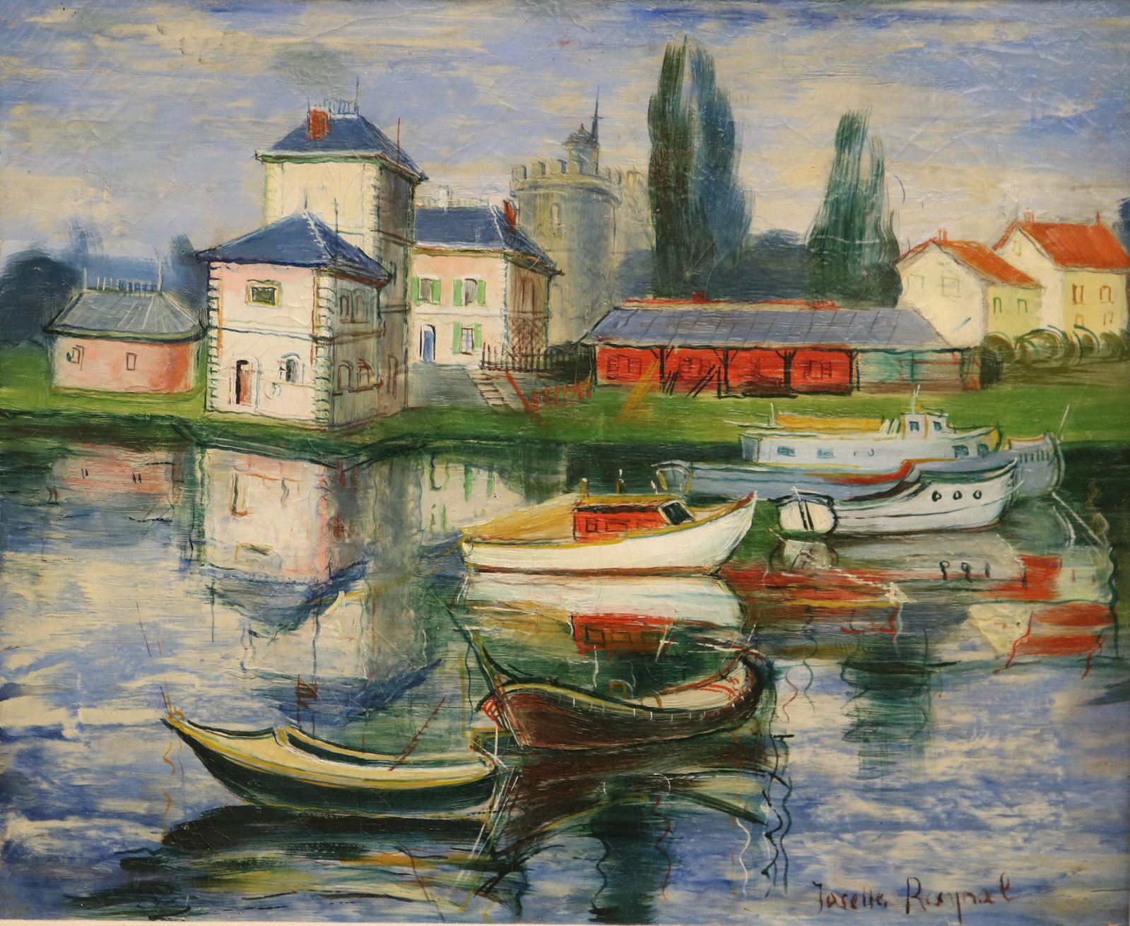 JOSEE-JOSETTE RAYNAL (French, 1915-1996). French Village on the River, Oil on canvas, 18 x 22 inches: JOSEE-JOSETTE RAYNAL French, 1915-1996 French Village on the River Oil on canvas Signed lower right. Colorful boats rest on a calm river whose still waters mirror the charming white buildings, red bar