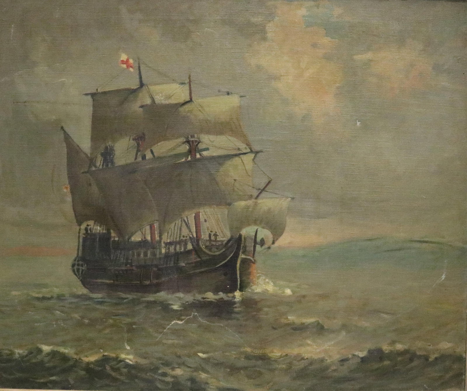 ENGLISH SCHOOL (Early 20th century). English Galleon at Sea, Oil on canvas., 25 x 30 inches; frame: (1 of 13)